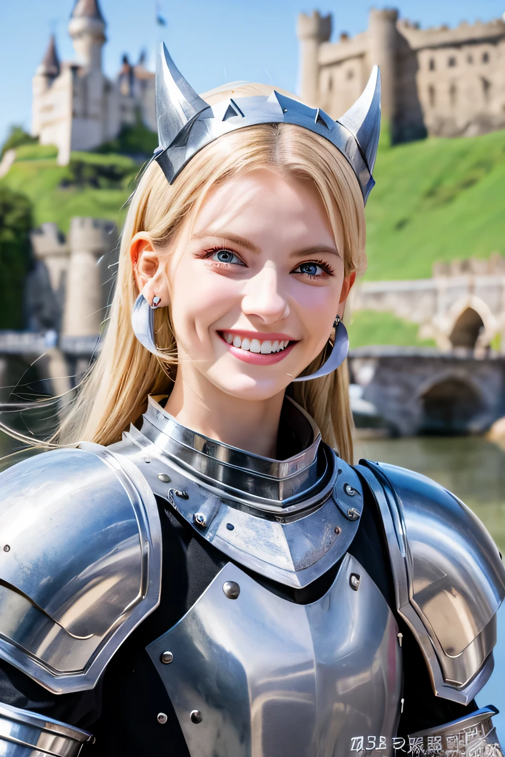８Ｋ、highest quality、female knight、The background is a castle、Luxurious Silver Armor、heavy equipment、hairstyle shortcut、smile、beautiful teeth、full body photo、ear piercing、Dragon Helm、blonde、white woman、blue eyeouth open

