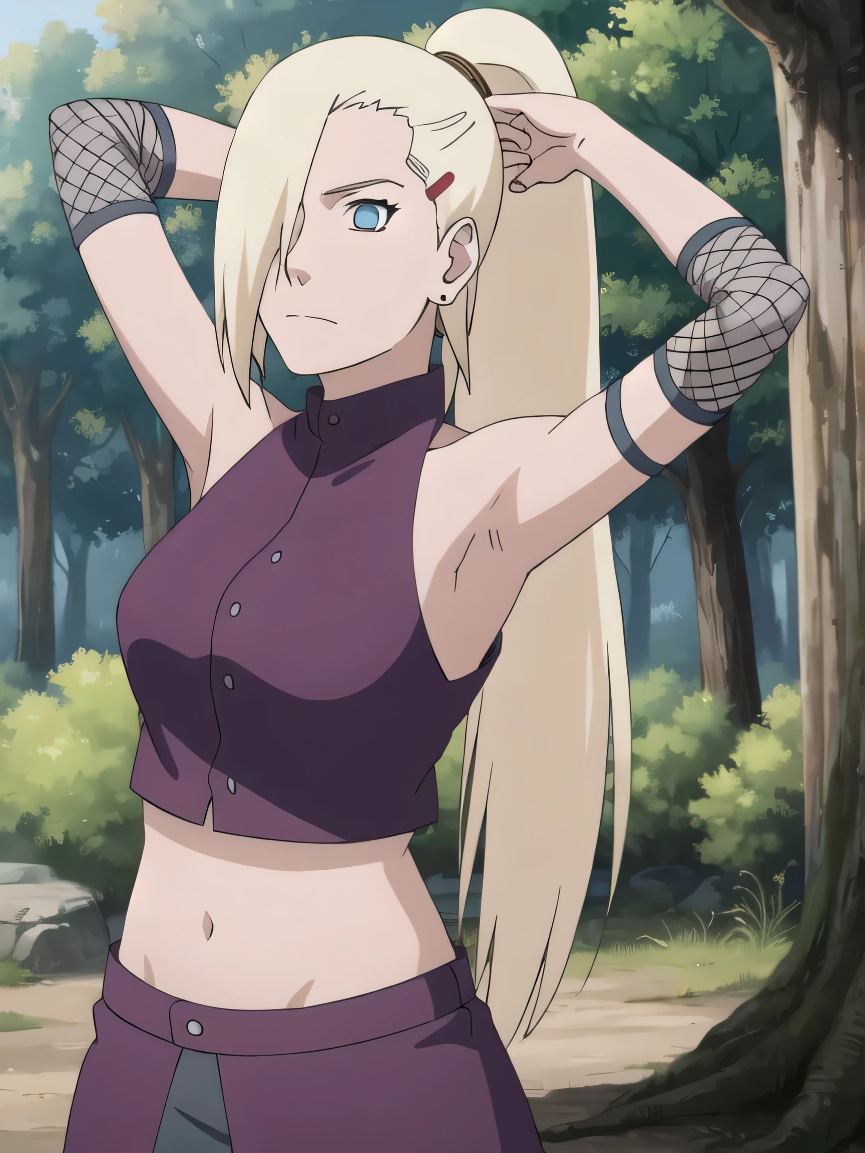 1girl, solo, blue eyes, ponytail, hair over one eye, hairclip, earrings, looking at viewer, long hair, blonde hair, outdoors, forest, closed mouth, sleeveless shirt, bare shoulders, ninja, upper body, midriff, navel, fishnets, arms up, armpits, showing armpits, masterpiece, by masashi kishimoto