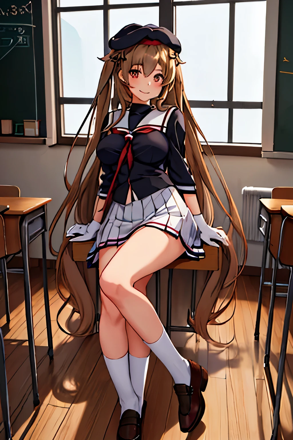 highest quality, masterpiece, High resolution, 1 girl,  (Murasame　Change two　Fleet Collection:1.15), long hair, Light brown hair, brown eyes, red eyes, ribbon, smile, black sailor uniform, pleated skirt, black beret, classroom background, big breasts, slender body, Full body figure