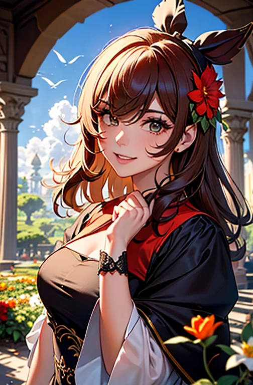 fundo, Fantasia, Fantastic, Fantasia, Jardim de flores, Dome, garota, garota anime, cabelos castanhos, cabelos grandes, cabelos longos, garota sorrindo, roupas vermelhas,