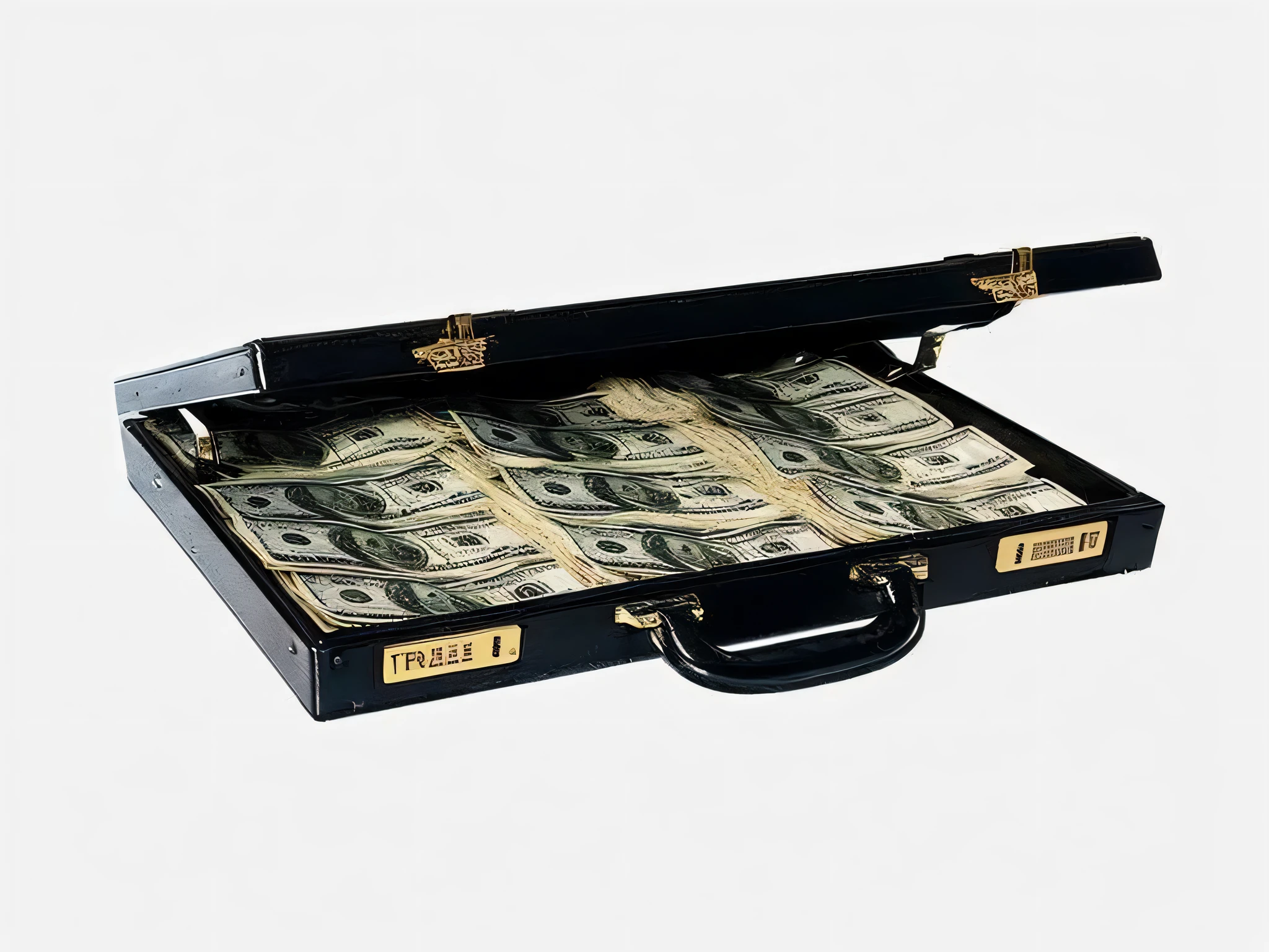 there is a briefcase full of money sitting on a white surface, briefcase, cash, decorate, bags of money, $100000000, by Helen Berman, , by Alan Jones, Dollar bills, Professional design, bank robbery movies, money, case, made of money, By Robert Peake