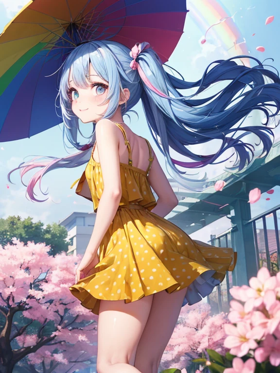 (masterpiece:1.4), (highest quality:1.4),Big buttocks and breasts、
super detailed illustrations, disorganized, super detailed, an extremely cute and beautiful girl,Highly detailed beautiful face and eyes,shiny hair, (((rainbow colored hair, colorful hair, Half blue、half pink hair: 1.2)))
1 girl, alone, cute , a bit,(child),smile,cowboy shot,(full_body),
break a perfect hand, hide your hands,turn your arms behind your back,
BREAKおCherry blossom viewing,Cherry blossom viewing,
(yellow floating dress),Fluttery floral skirt,(just_foot),Polka-dot mini-skirt,dynamic pose,white clothes,soar,petal toss,Blue sky,Wind,motion blur,twin tails、Glasses、
screen printing, bold graphics, flat color, Layered Design, handmade texture, unique visuals, Various techniques,