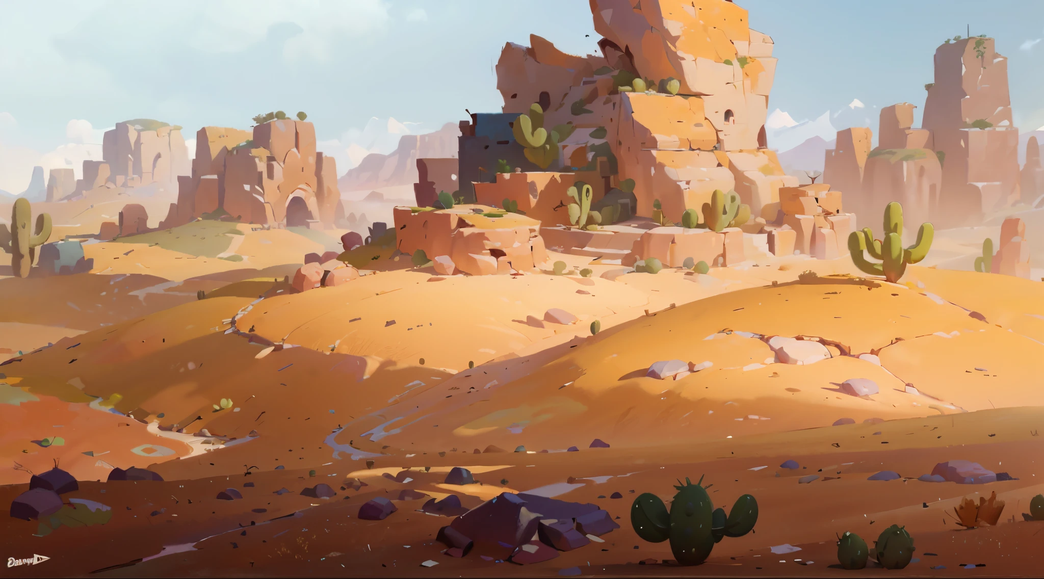 there is a painting of a desert with cactus trees and rocks, background art, stylized concept art, painted as a game concept art, digital painting concept art, background artwork, desert environment, painterly concept art, oil paint concept art, environment painting, concept art style, 8k high quality detailed art, environment concept art, environment and concept art