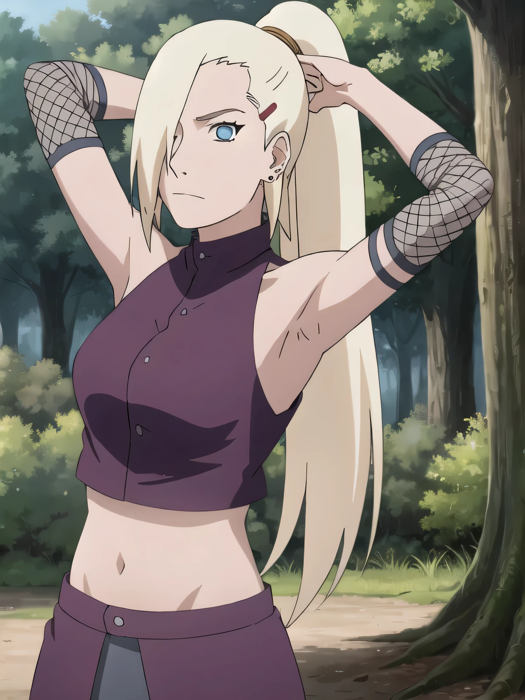 1girl, solo, blue eyes, ponytail, hair over one eye, hairclip, earrings, looking at viewer, long hair, blonde hair, outdoors, forest, closed mouth, sleeveless shirt, bare shoulders, ninja, upper body, midriff, navel, fishnets, arms up, armpits, showing armpits, masterpiece, by masashi kishimoto