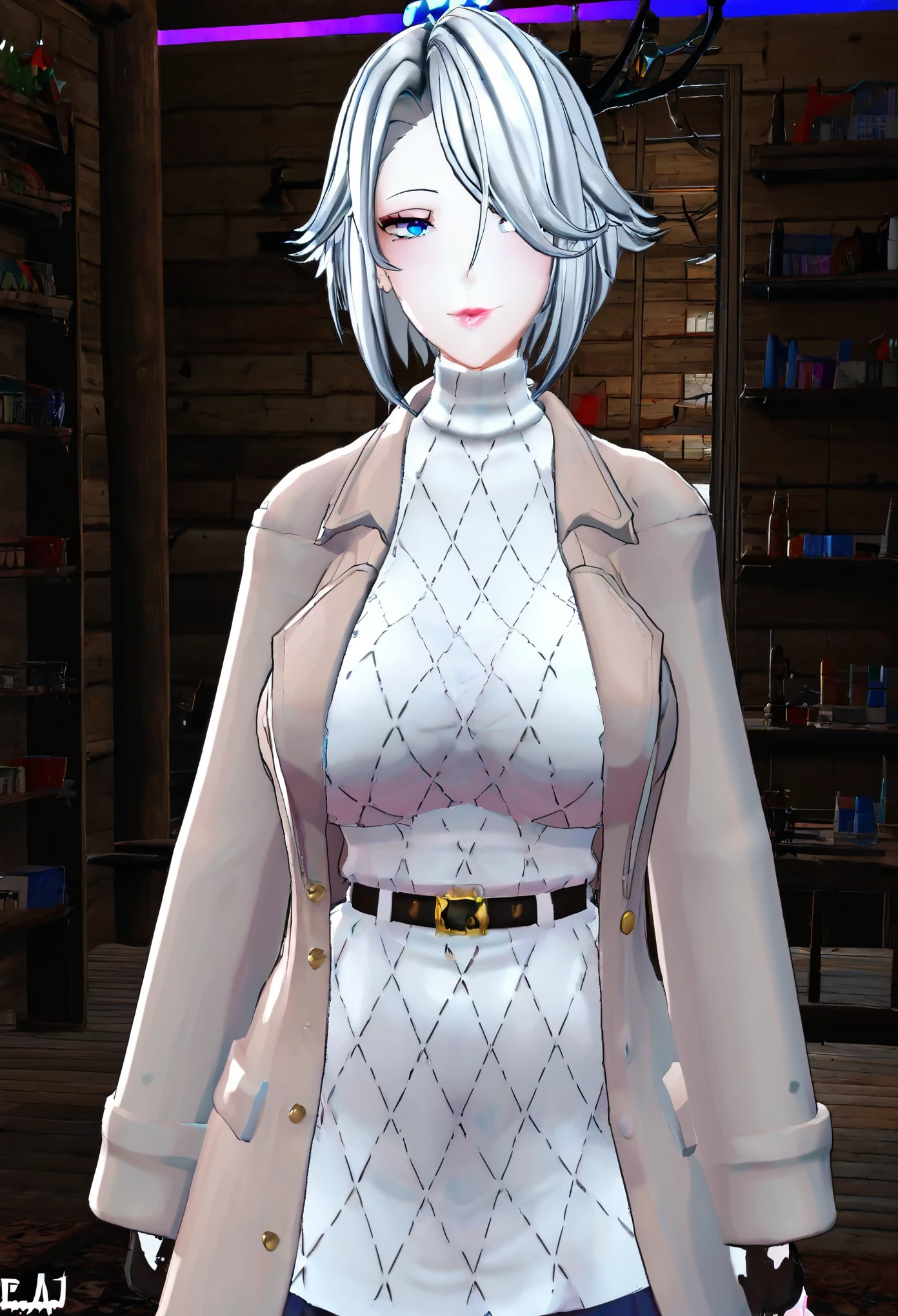 (8k, RAW photos, top quality, masterpiece: 1.2), (High Quality), ray tracing, HDR, (High Details), (Face detail), (Shadow Detail), 1girl, solo, Zentreya, 3d, 3d render, blue eyes, pale skin, straight hair, white hair, short  hair, large breasts, white sweater, trench coat, skirt,