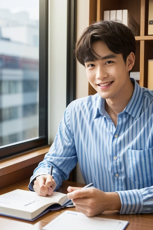 A smiling and refreshing 27-year-old wearing a light blue striped shirt、No tie、male、Center-part hairstyle、In a corner of a bright office、sitting facing the customer。There's a window behind him、Bright sunlight shines from there。He listens carefully to what the customer has to say、I nod curiously.。His expression was calm and、Creates a sense of familiarity。There is a notepad and pen on the desk.、He diligently takes notes on customer wants and needs.。His smile and positive attitude、Giving customers a sense of security and trust
