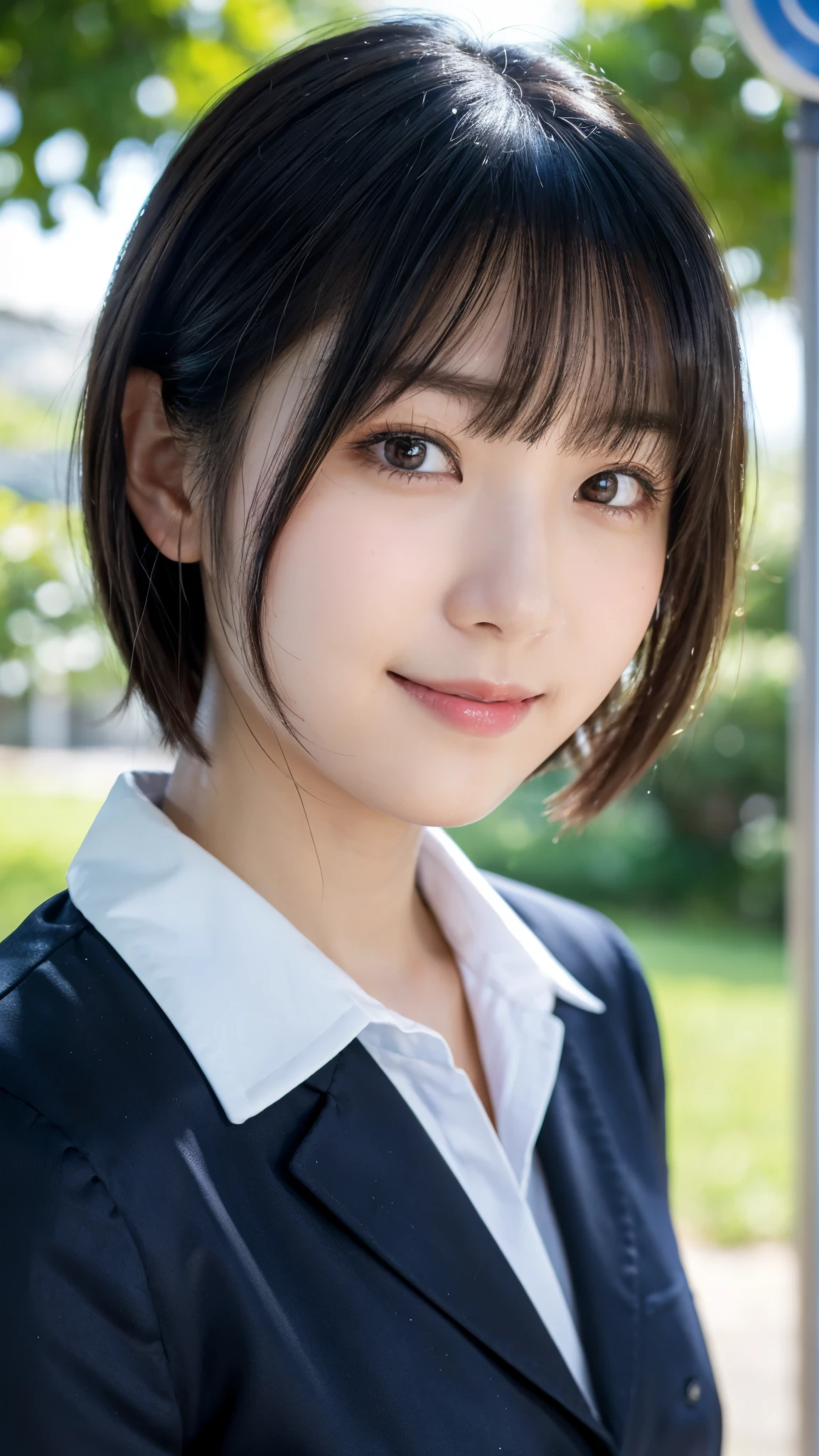 (highest quality,masterpiece:1.3,ultra high resolution),(Super detailed,caustics,8k),(photorealistic:1.4,RAW shooting),1 girl,18-year-old,cute,Japanese,black short bob,(school uniform),(Looking at me with a smile),morning,blue sky,sun,Natural light,school playground,(front shot),face focus,face close up,bust up shot,low position,Low - Angle