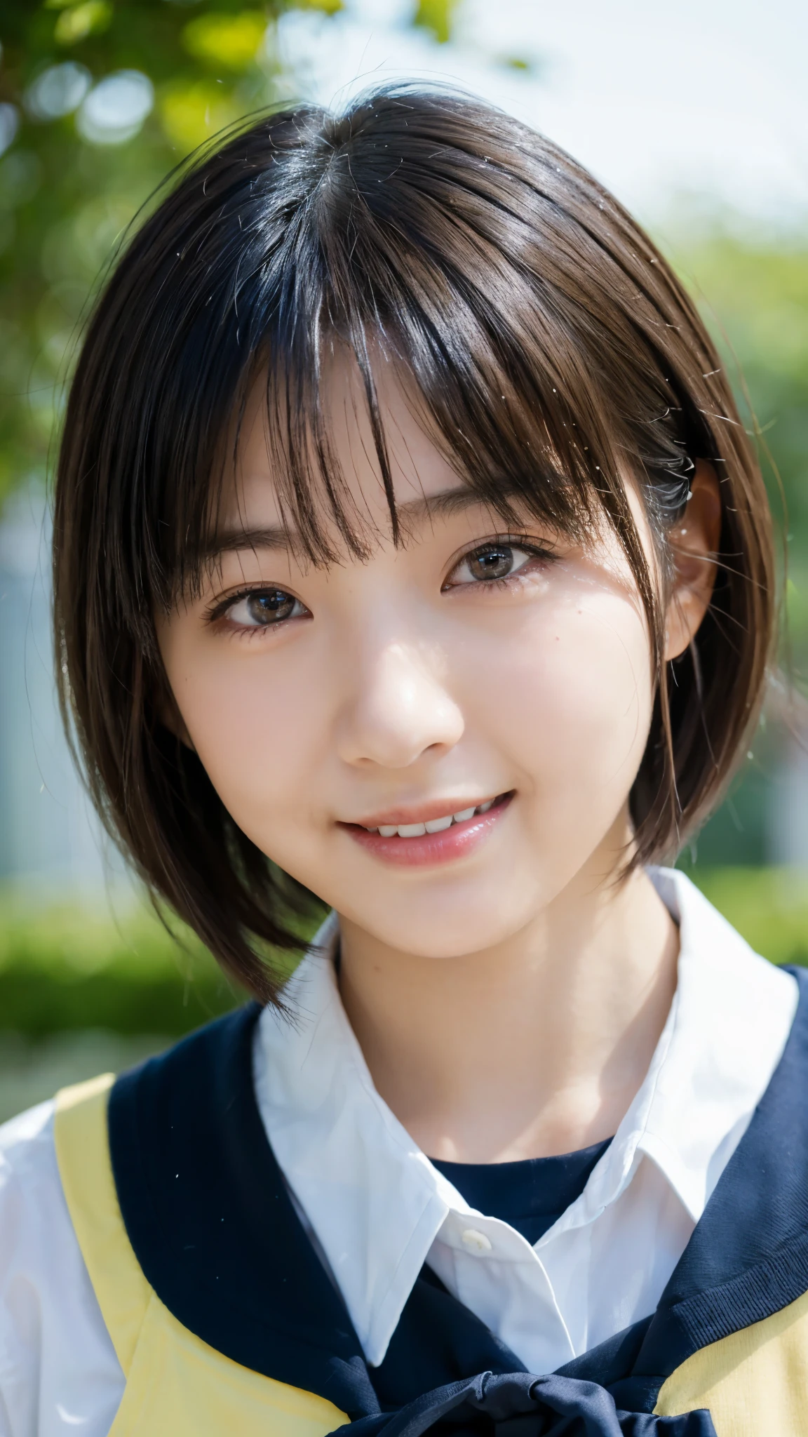 (highest quality,masterpiece:1.3,ultra high resolution),(Super detailed,caustics,8k),(photorealistic:1.4,RAW shooting),1 girl,18-year-old,cute,Japanese,black short bob,(school uniform),(Looking at me with a smile),morning,blue sky,sun,Natural light,school playground,(front shot),face focus,face close up,bust up shot,low position,Low - Angle