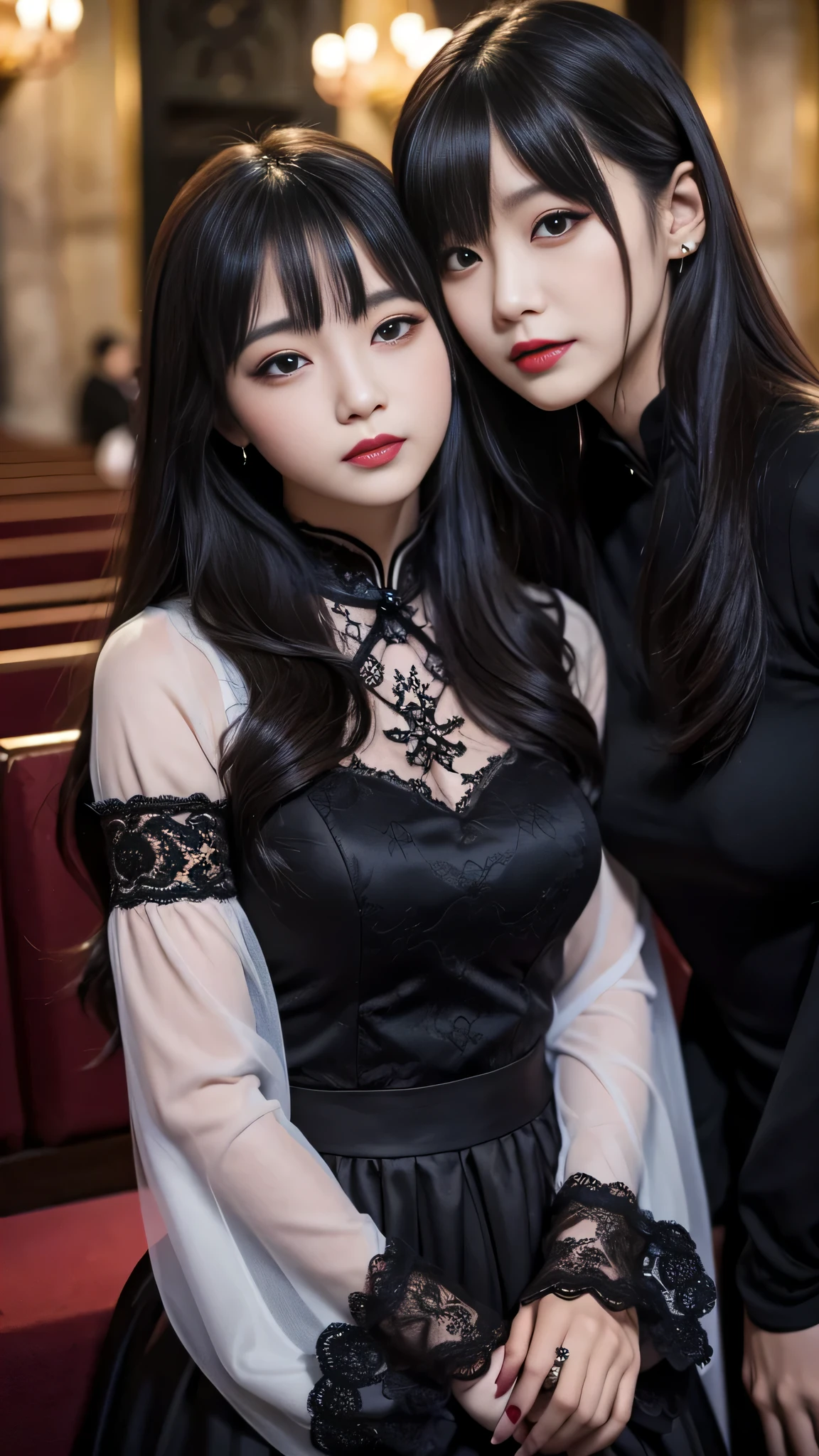 tra-detailed、2girls、Japanese、attractive beauty、seductive adult woman、pretty woman、piercing eyes、cool girl、wavy hair、swept bangs、Long Black Cheongsam、wide sleeves、Evil cadres、evil depravity、brainwash、mind control、lipstick、lip gloss、dark makeup、smirk、whisper in your ear、Evil expression、evil、hollow eyes,half-closed eyes、empty eyes、evil、church at night、vampire、succubus、vampire、Swear allegiance、stand