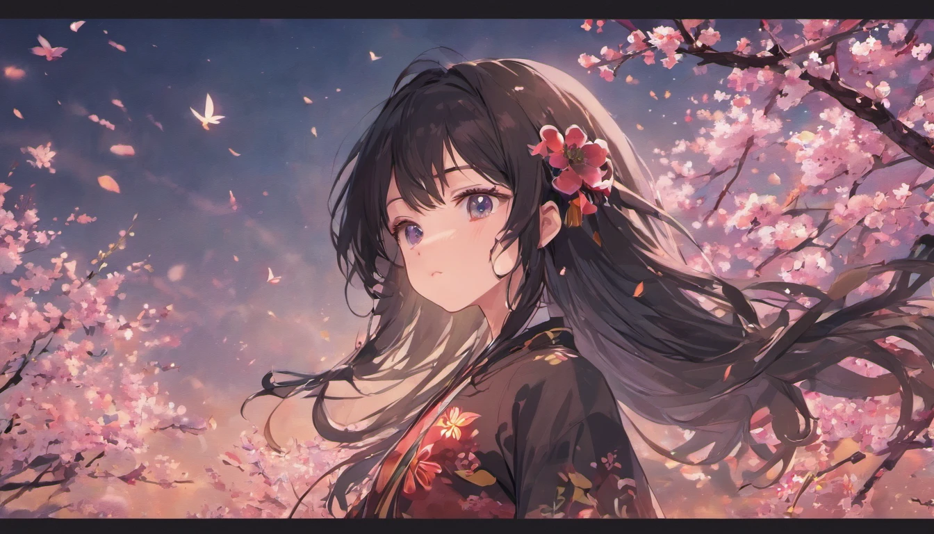 masterpiece, highest quality, super resolution, super detailed, 1 Silhouette of a girl, black long hair, long hair fluttering in the wind, perfect face, super detailed face, low length, white hanfu, pure white background,cherry blossoms,