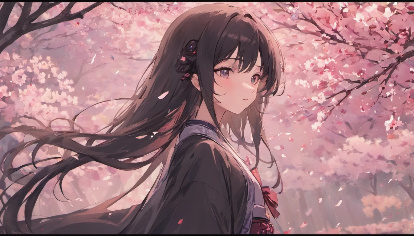masterpiece, highest quality, super resolution, super detailed, 1 Silhouette of a girl, black long hair, long hair fluttering in the wind, perfect face, super detailed face, low length, white hanfu, pure white background,cherry blossoms,