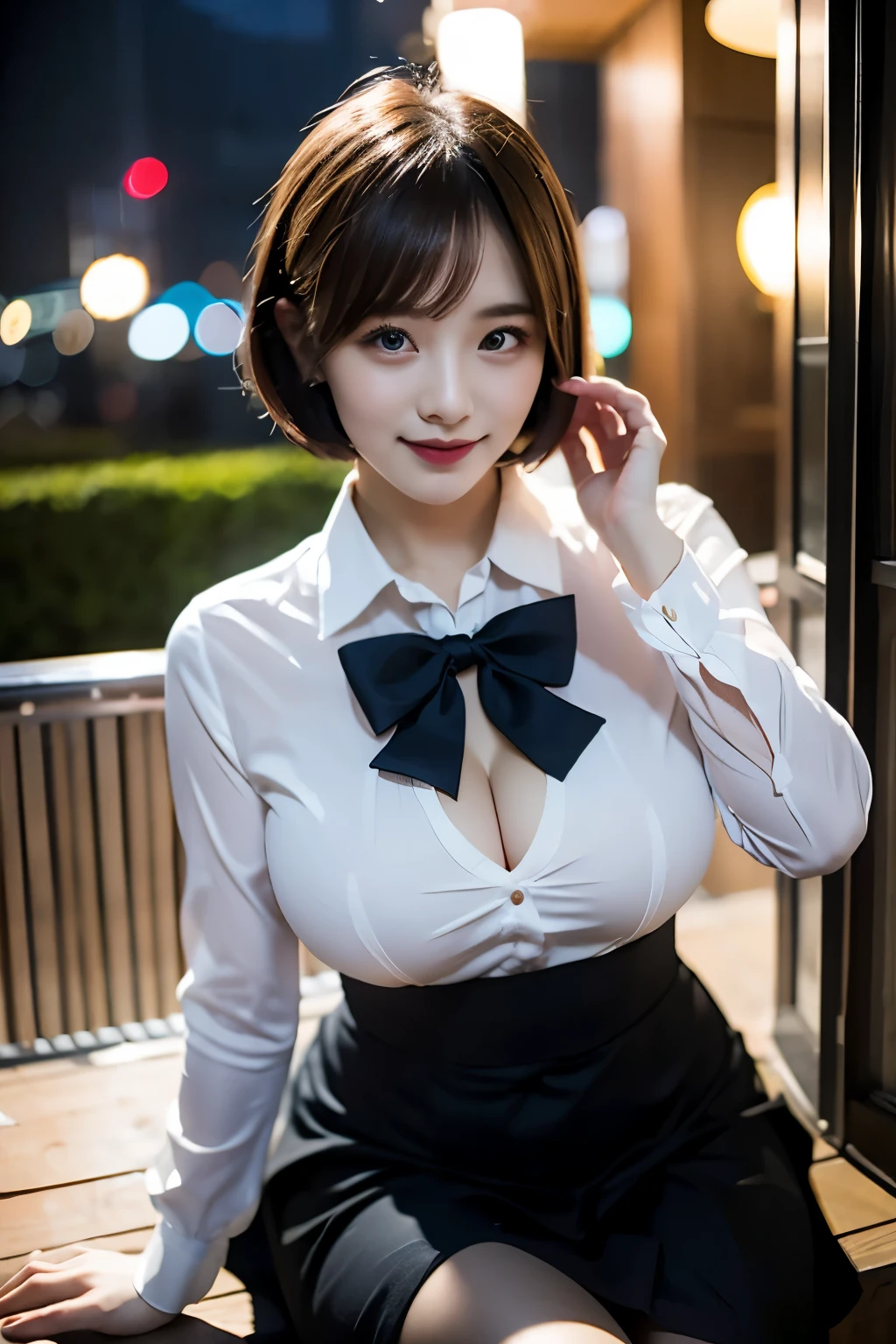 (8K, Raw photo, highest quality, masterpiece:1.2), (realistic, photo-realistic:1.37), Super detailed,
1 girl,cute,30 years old、 alone,beautiful detailed sky,Detailed cafe,night,sitting,date,(blush your nose),(smile:1.1),(closed mouth),big breasts, seductive smile, wide opening, professional lighting, Sony α7R4, Zecy 50mm F1.8,
medium breasts,detailed and beautiful eyes,(collared shirt:1.1), bow tie,pleated skirt,(short hair:1.2),floating hair