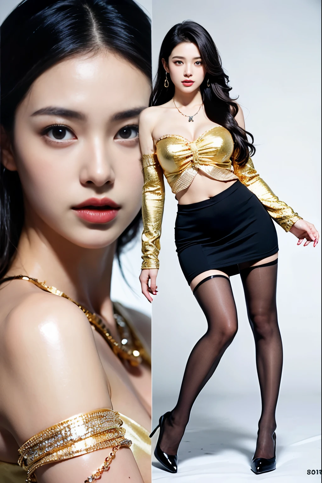 "Best Quality, Two-headed Korean girl, tall,is standing,Colossal tits,kneehigh boots, Black pantyhose,Looking at the camera,Fulll body Shot, simple background."