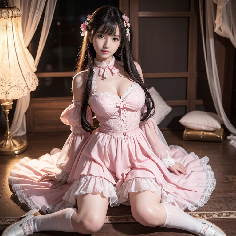 best quality, masterpiece, lifelike, 1 girl, alone, eternal, black hair, Long curly hair, blunt bangs, Smile, pink skirt, pink ta dress, layered skirt, Lolityle long skirt,分層連衣裙 lace-trimmed 裙子, decorate, lace, long sleeve, puff sleeves, wide sleeves, Transparent sleeves, hair accessories, 在flower园里, flower, Detailed background, delicate face,pink blush,White knee-length socks, Pink shoes,cold,Lots of lace,((masterpiece))、(top quality)、8K、high detail、super detailed、 21 years old female,穿着pink lolita d((dreamy atmosphere:1.1))、Seductive and whimsical style、masterpiece、born、Scenes resembling fairy tale illustrations、Intricate details showcase the ruffles and intricate designs of the Lolita dressutifully、magic、capricious、 beautifully、Dream aesthetics、「𝓡𝓸𝓶𝓪𝓷𝓽𝓲𝓬、ethereal、charming、fickle、magic」、realism、Visual effects、FXAA、SSAO、shader、voiceless、environmental lighting、Tone mapping、High resolution、ultra high definition、megapixel、(8K resolution:1.10)、8K、Below 8K、8K resolution、high detail、intricate details、A look of surprise and awe on her face、 (high quality:1.2、masterpiece:1.2、:1.21)、(21 years old female:1.21)、(興奮地Smile)、(Surrounded by the dreamy atmosphere of an amusement par色洛丽塔连衣裙、Her eyes were full of surprise and joy、I took a lot of geek photos、、High heel、Model diagram,full-body shot,Knee-high 白色的 lace socks,Sweet Lolita,Normal 2 ,Pink shoes,Baotou shoes,full-body shot,baby star dress,have,Don't show your fingers,cold,Emphasize the volume of the skirt,exposed,Huge breasts,white underwear,The skirt flew up,Spread your legs,low cut,Expose panties