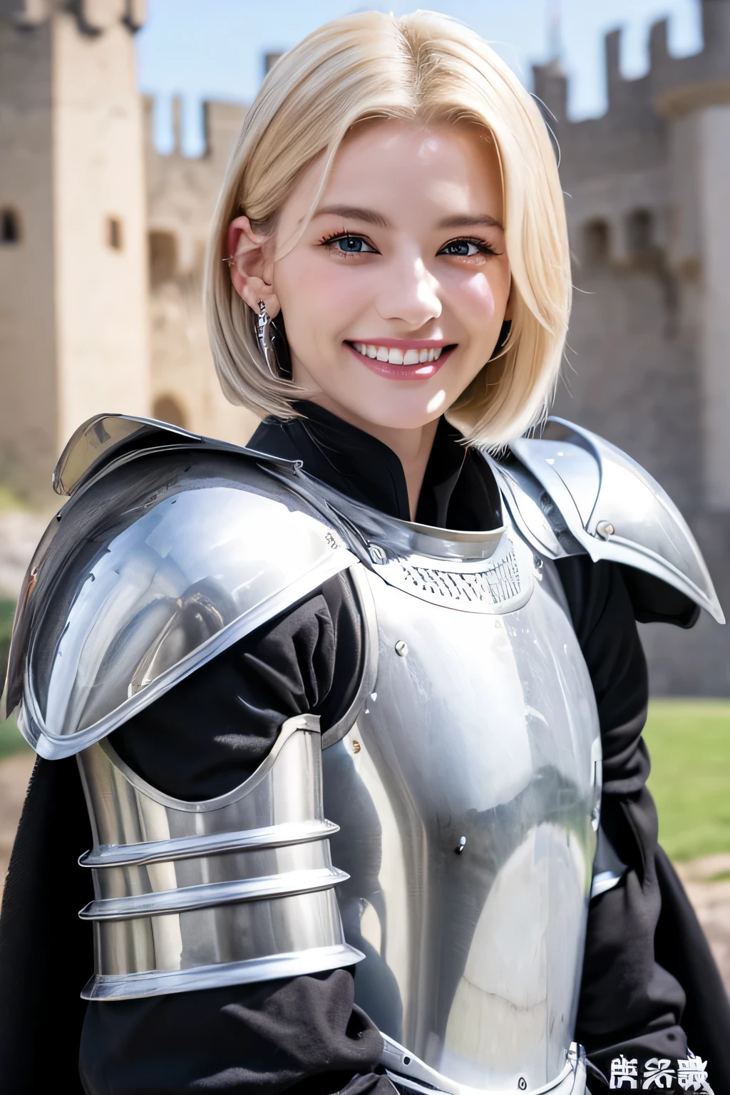 8K、highest quality、female knight、The background is a castle、Luxurious Silver Armor、heavy equipment、black hair、hairstyle short cut、smile、beautiful teeth、full body photo、ear piercing、white woman、blonde、blue eyes
