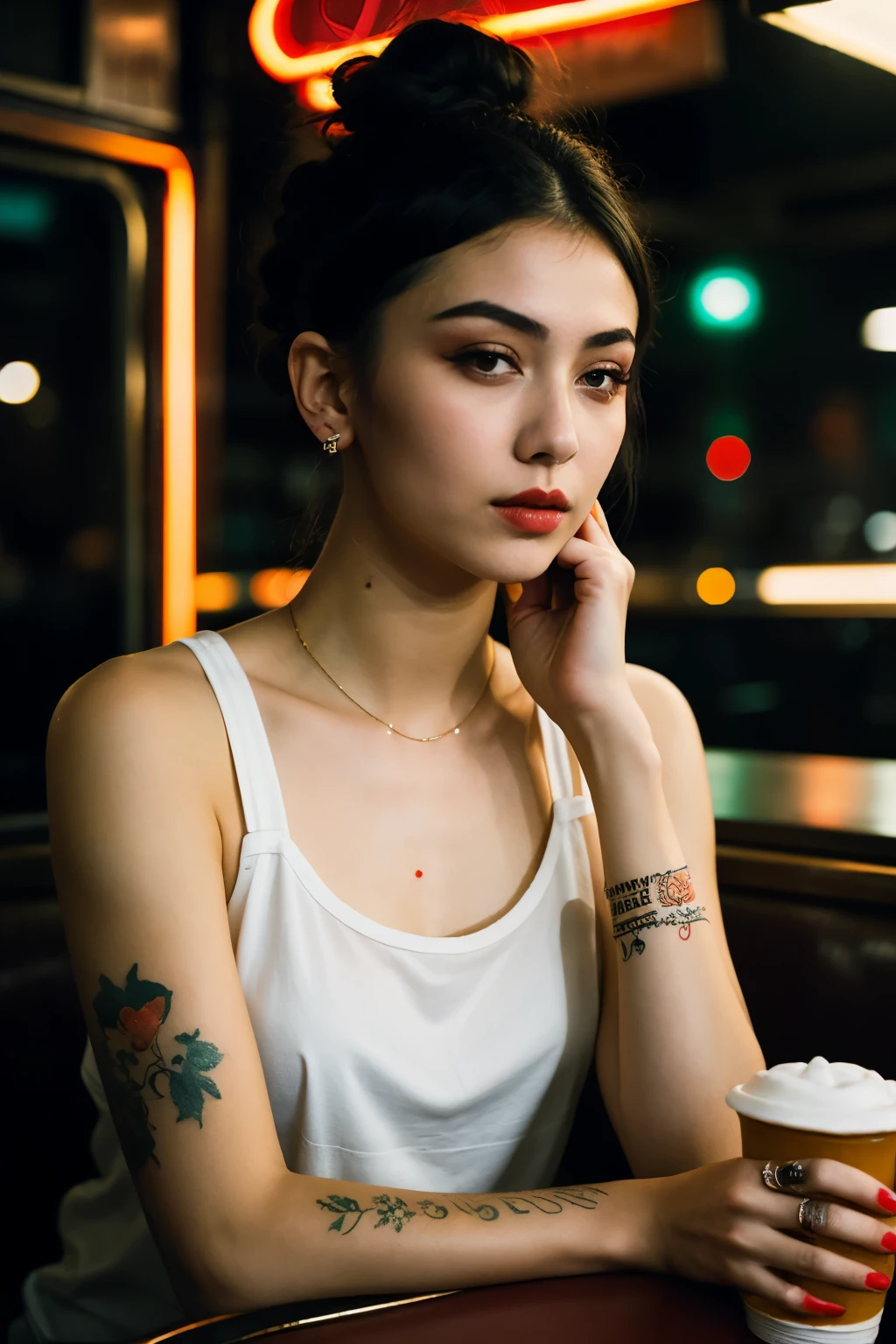 ((Best quality)), ((masterpiece)), (detailed), perfect face, upper body shot, girl, makeup, small tattoos, hair bun, street clothing, sitting in a diner, red neon signs, dim lighting, night time, professional photograph, (bella kotak style of photography, paolo roversi style)