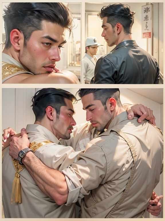 masterpiece, Best Quality, muscular 30 year old japanese gangster man looks like shohei ohtani and gentle 30 year old taiwanese man hugging and kissing, looking directly into each other's eyes, undressing, exposed chests, oriental tattoos, slicked back hair and combover that covers eyes, exposed chest, big bulge, bubble butt, full body, super sharp focus, photorealistic, perfect hands, perfect fingers, perfect face, hongkong in the 70s setting, seductive, soft cinematic lighting, sexy pose, gay, homosexual, homoerotic, romantic atmosphere, nostalgic, intricate details, highly detailed, rule of thirds, golden ratio, fill frame, award-winning shot, breast grab, grab ass