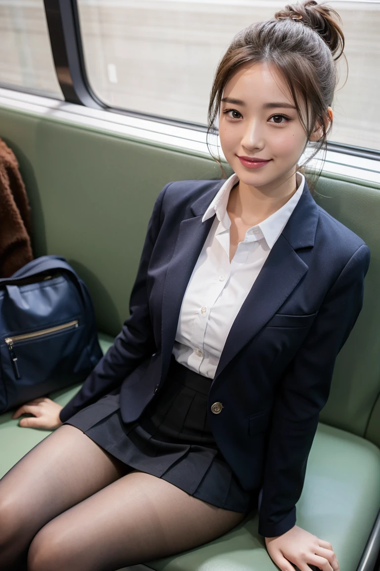 (8K), (highest quality: 1.2), (realistic), (realistic: 1.37), ultra high resolution, 1 girl, cute, smile, closed mouth, beautiful details, beautiful nose, wet hair, giant dulcefo, pork, thighs,Self snap,University Student Uniform,simple blazer,pleated skirt,opaque knee high tights,Sitting on a Tokyo train,cross your legs, From above,thighs,ponytail