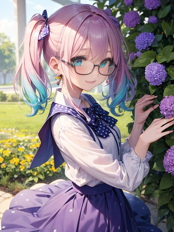 Glasses、小さなgirl、The arrival of spring、big butt、 (alone:1.5,)Super detailed,bright colors, very beautiful detailed anime face and eyes, look straight, ;shiny_skin,girl, ((gradient hair, , Half blue、half pink hair: 1.2)) 、forehead is exposed.、green eyes、shiny hair, delicate beautiful face, blush、(turquoise eyes), White skin, Valletta, earrings,、blue flower field、((ribbon、(Floral、blouse、polka dots、purple skirt)))、twin tails、smile、happy face、face dyed red