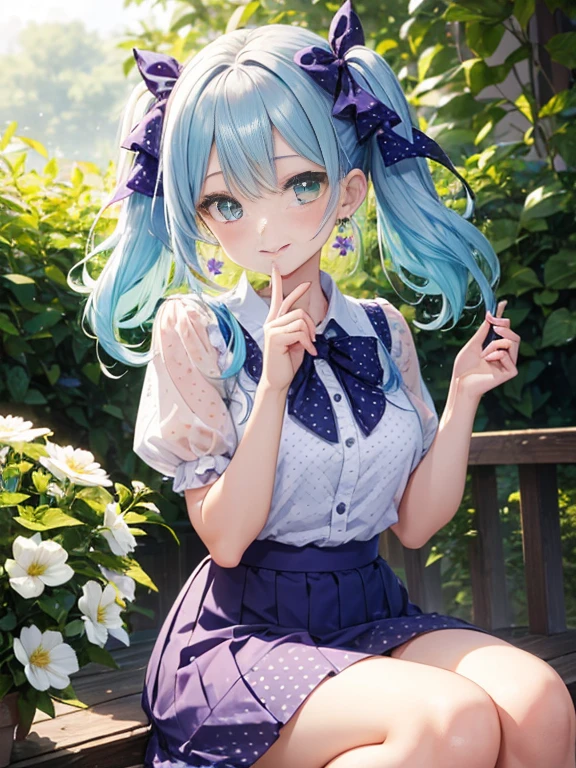 Glasses、小さなgirl、The arrival of spring、big butt、 (alone:1.5,)Super detailed,bright colors, very beautiful detailed anime face and eyes, look straight, ;shiny_skin,girl, ((gradient hair, , Half blue、half pink hair: 1.2)) 、forehead is exposed.、green eyes、shiny hair, delicate beautiful face, blush、(turquoise eyes), White skin, Valletta, earrings,、blue flower field、((ribbon、(Floral、blouse、polka dots、purple skirt)))、twin tails、smile、happy face、face dyed red