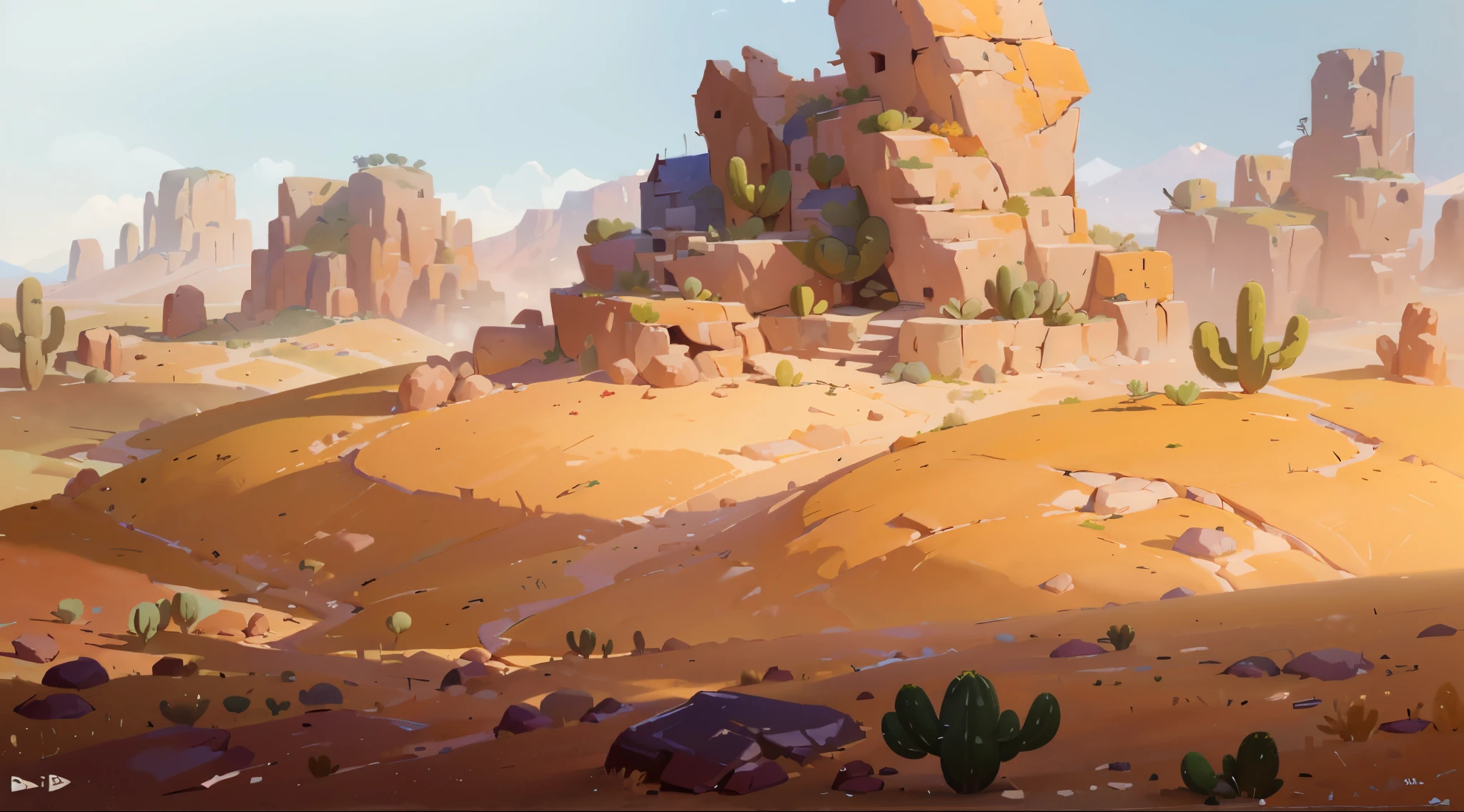 there is a painting of a desert with cactus trees and rocks, background art, stylized concept art, painted as a game concept art, digital painting concept art, background artwork, desert environment, painterly concept art, oil paint concept art, environment painting, concept art style, 8k high quality detailed art, environment concept art, environment and concept art