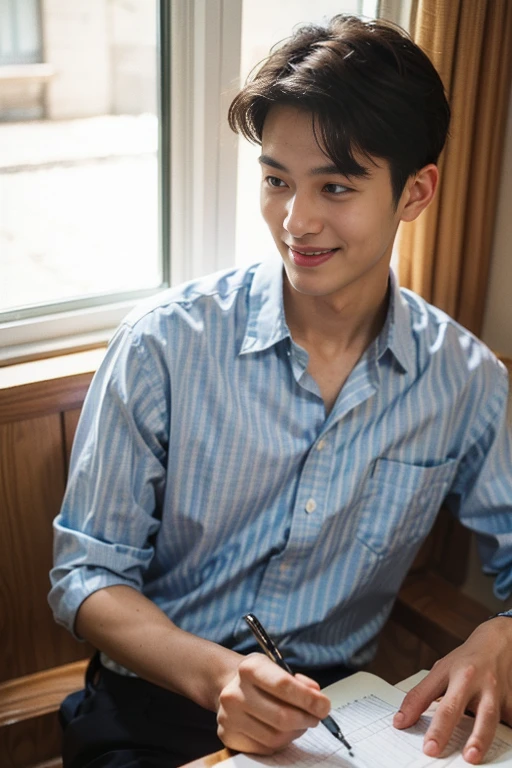 A smiling and refreshing 27-year-old wearing a light blue striped shirt、No tie、male、Center-part hairstyle、In a corner of a bright office、sitting facing the customer。There&#39;s a window behind him、Bright sunlight shines from there。He listens carefully to what the customer has to say、I nod curiously.。His expression was calm and、Creates a sense of familiarity。There is a notepad and pen on the desk.、He diligently takes notes on customer wants and needs.。His smile and positive attitude、Giving customers a sense of security and trust