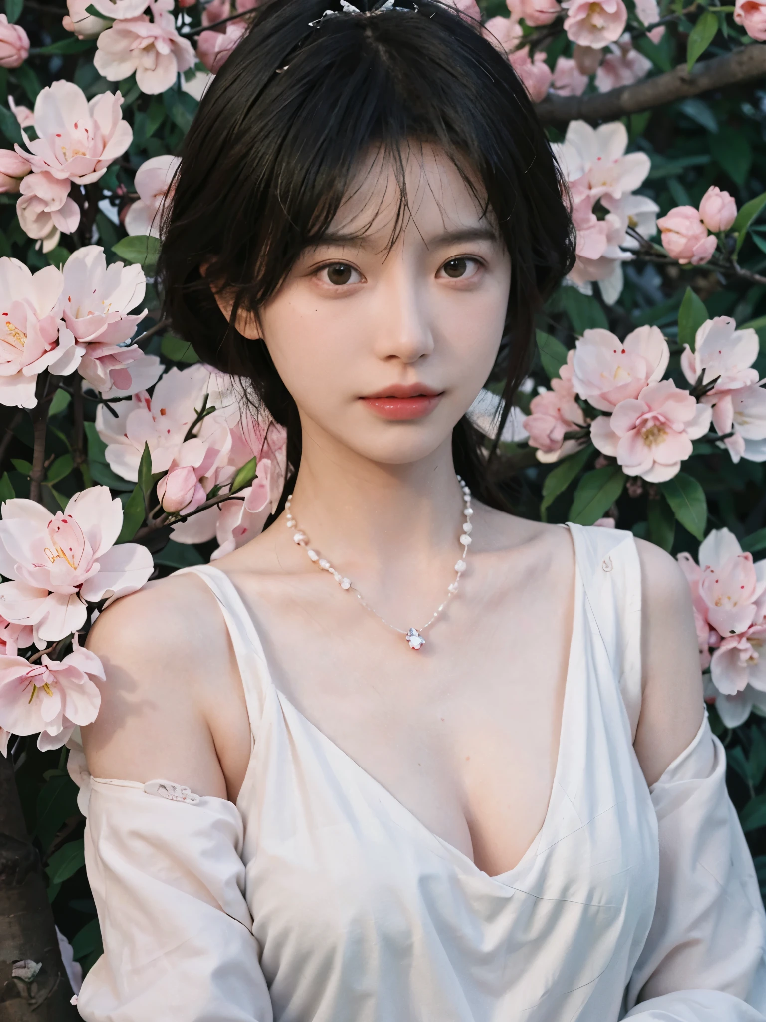 best quality， ultra high resolution， （realistically：1.4）， Cute tiara，Baoyu Girl， A pair of clear and charming peach blossom eyes,Royal sister，The sun shines on the face，Long curly hair，（in the cherry blossom tree：1.4），（necklace：1.2），（White skin：1.4），（Full body female love：1.2）a sense of atmosphere，a beautiful girl，Looking directly at the viewer， Close-up cleavage ，(lifelike:1.4),1 girl,Sexy,(Upper body:1.4),(wet),(:1.2)