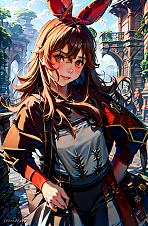 fundo, Fantasia, Fantastic, Fantasia, Jardim de flores, Dome, garota, garota anime, Anime, cabelos castanhos, cabelos grandes, cabelos longos, garota sorrindo, roupas vermelhas, red bow in hair, Alta qualidade, 4K, high resolution, High definition