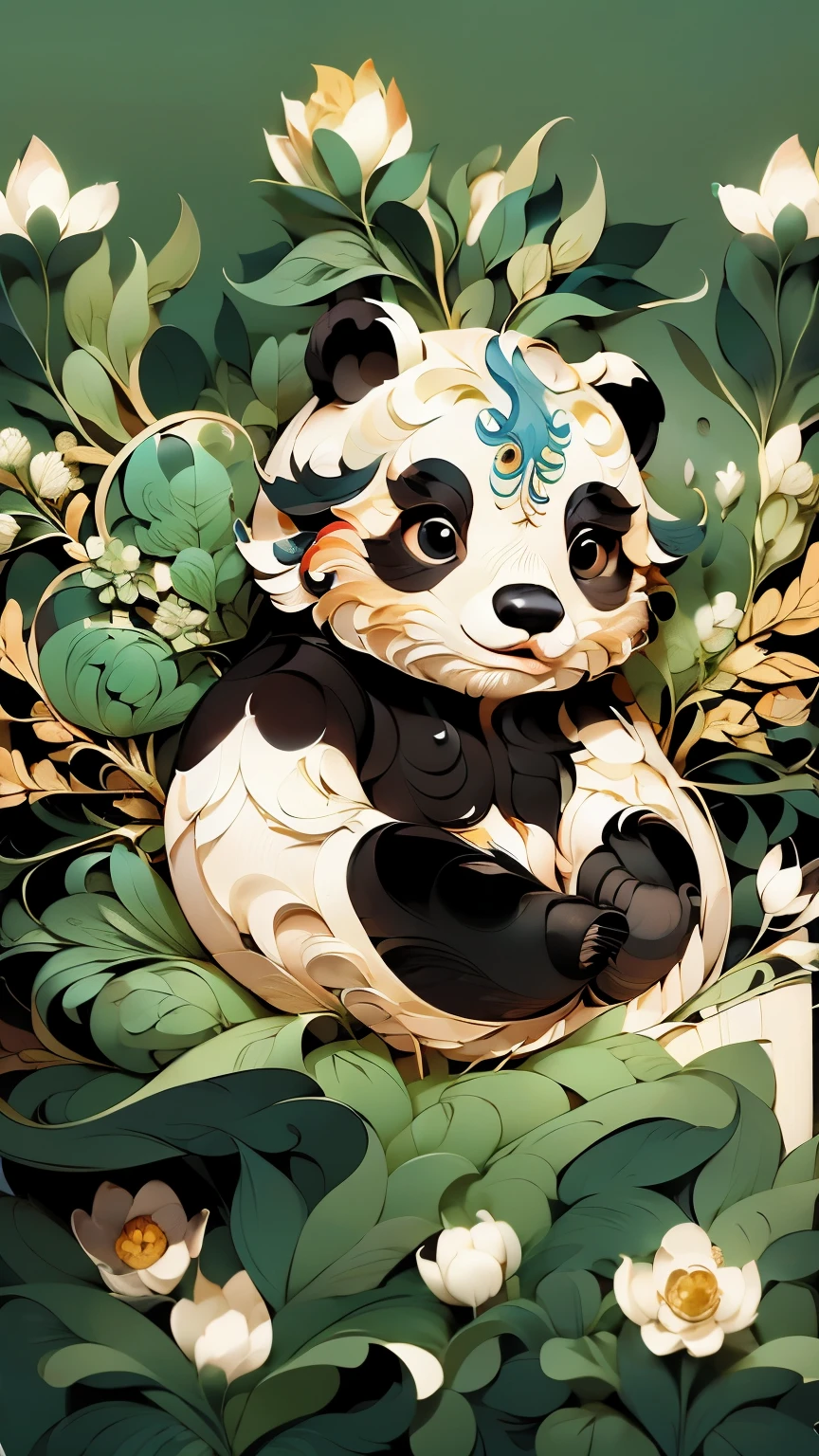 cute panda,No fluff,maximalism,vector illustration,flat style,Inspire,psychedelic dramatic style, Wonderful illustrations in the national style,Colorful illustrations, Lovely detailed artwork, cute panda,Rich details,Use bold characters and vector art style,Simple and clean,green background