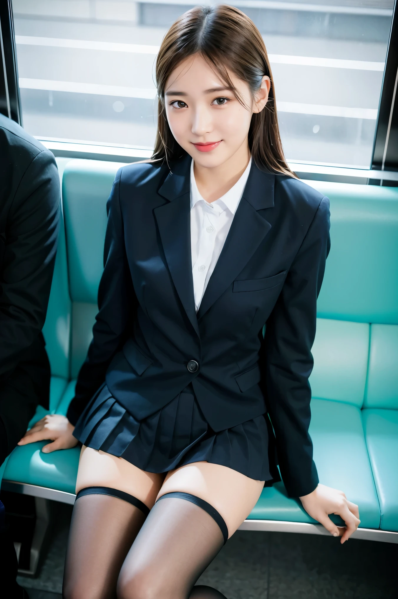 (8K), (highest quality: 1.2), (realistic), (realistic: 1.37), ultra high resolution, 1 girl, cute, smile, closed mouth, beautiful details, beautiful nose, wet hair, giant dulcefo, pork, thighs,Self snap,University Student Uniform,simple blazer,pleated skirt,(opaque knee high tights),Sitting on a Tokyo train,cross your legs, From above,thighs,ponytail