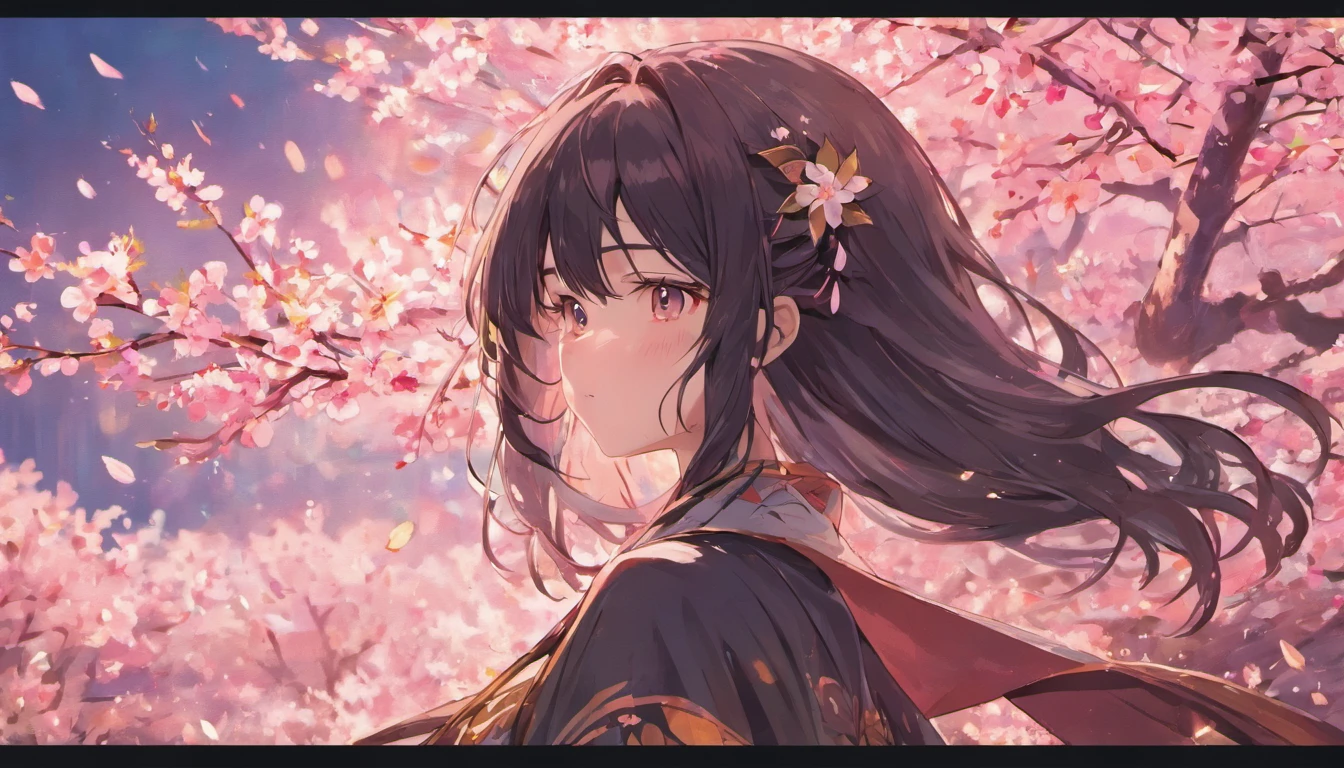 masterpiece, highest quality, super resolution, super detailed, 1 Silhouette of a girl, black long hair, long hair fluttering in the wind, perfect face, super detailed face, low length, white hanfu, pure white background,cherry blossoms,cherry blossomsの道を歩く,City