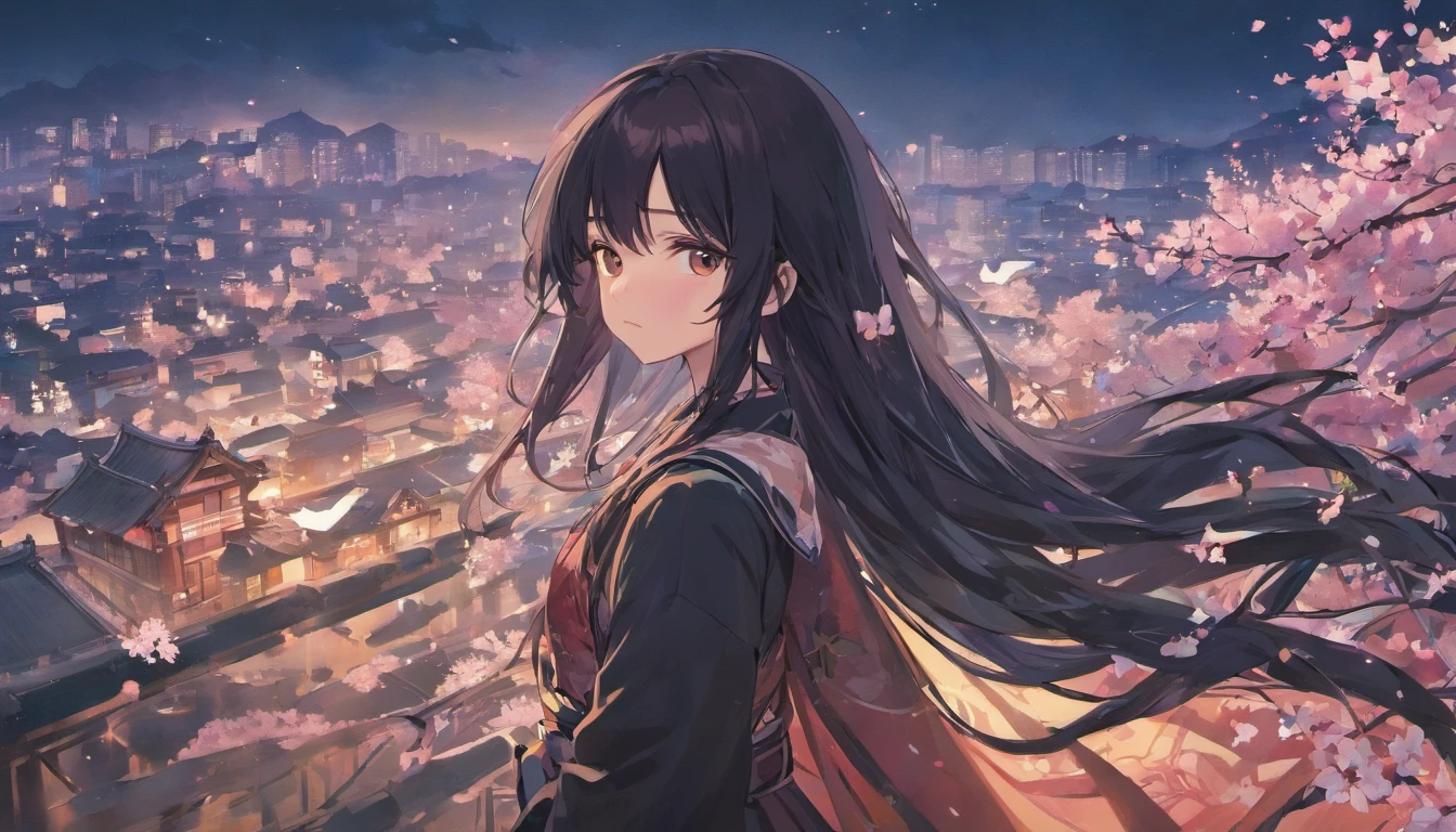 masterpiece, highest quality, super resolution, super detailed, 1 Silhouette of a girl, black long hair, long hair fluttering in the wind, perfect face, super detailed face, low length, white hanfu, pure white background,cherry blossoms,cherry blossomsの道を歩く,City
