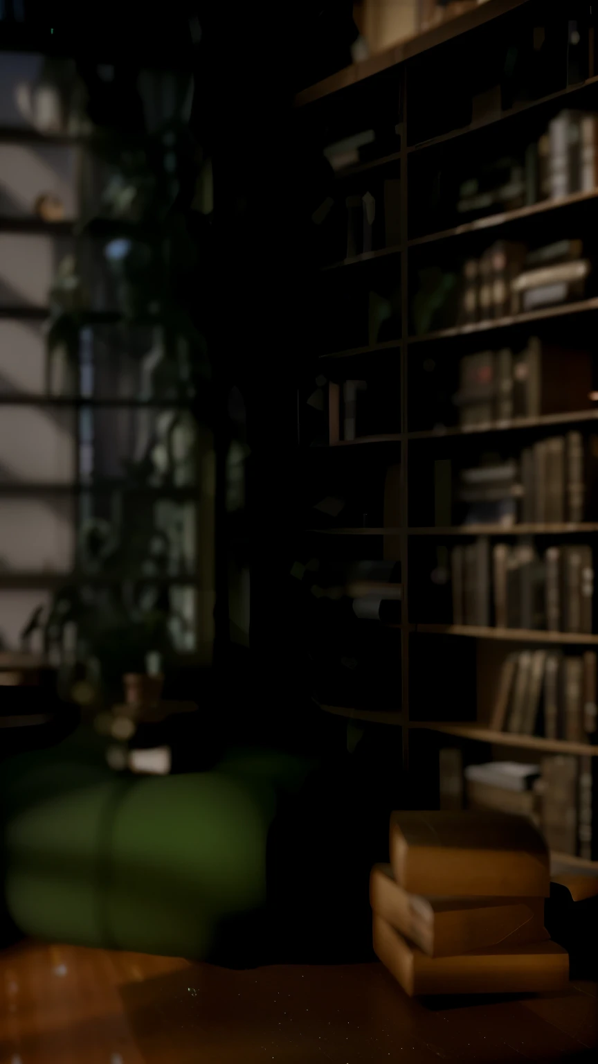 There is a cat sitting on a chair in the room, alchemist library background, library background, tilt shift library background, blurry background of the library, library interior background, gloomy library, dusty library, personal room background, magical library bokeh, in a gloomy library, some background blur, Realistic cinematic rendering, dark library, Detailed architectural visualization renderings, background = library