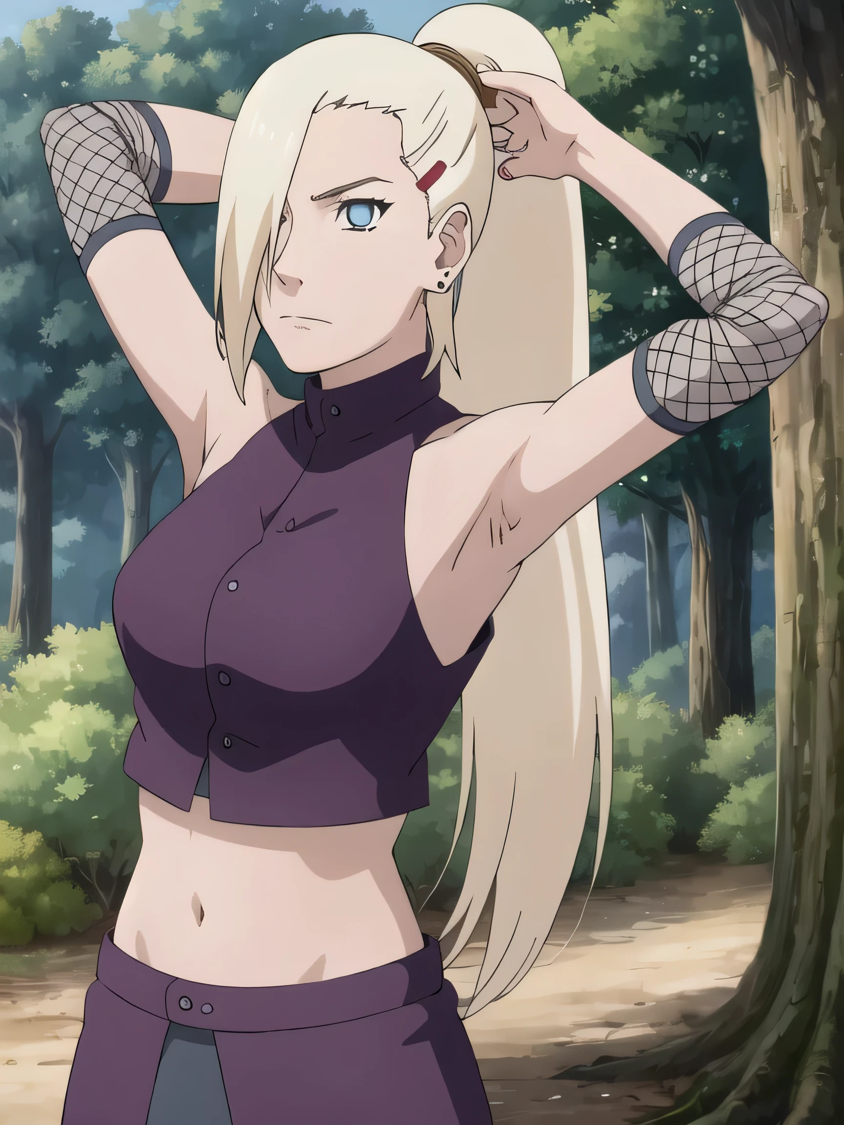 1girl, solo, blue eyes, ponytail, hair over one eye, hairclip, earrings, looking at viewer, long hair, blonde hair, outdoors, forest, closed mouth, sleeveless shirt, bare shoulders, ninja, upper body, midriff, navel, fishnets, arms up, armpits, showing armpits, masterpiece, by masashi kishimoto