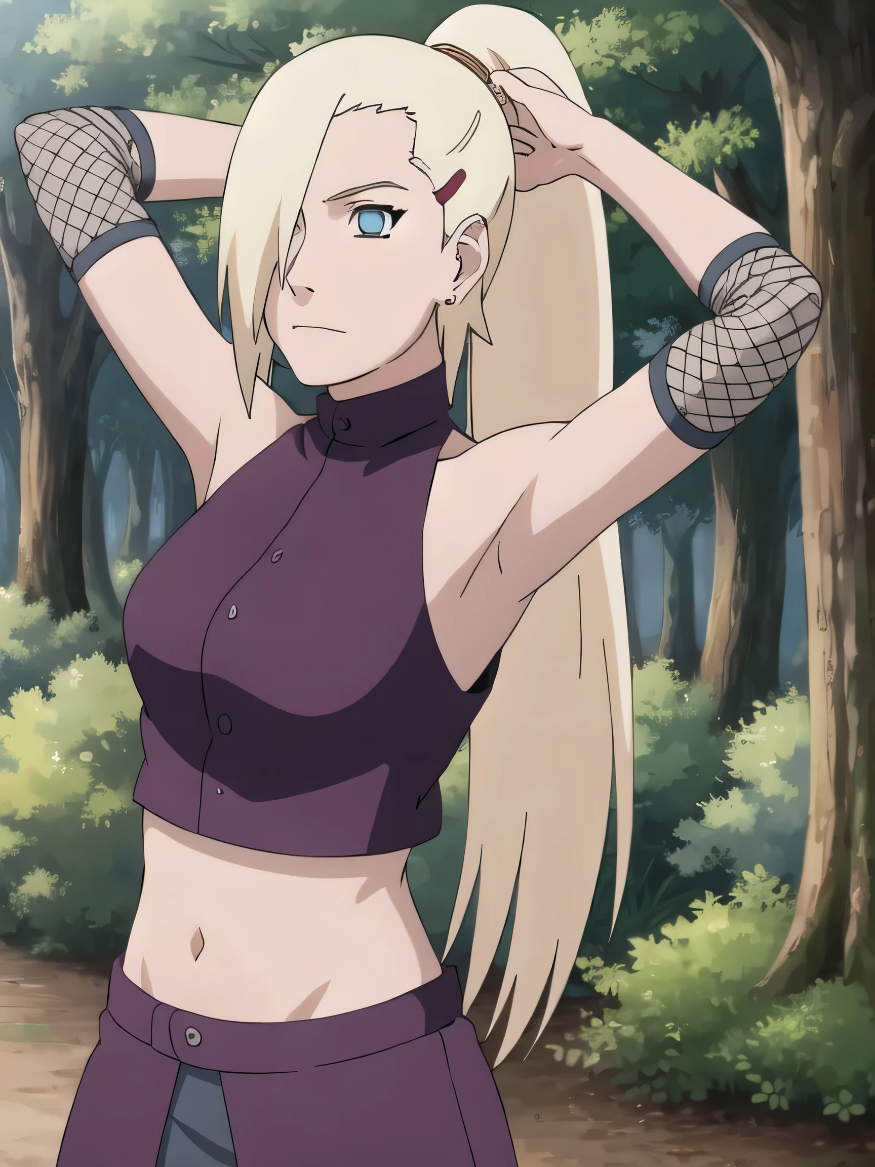 1girl, solo, blue eyes, ponytail, hair over one eye, hairclip, earrings, looking at viewer, long hair, blonde hair, outdoors, forest, closed mouth, sleeveless shirt, bare shoulders, ninja, upper body, midriff, navel, fishnets, arms up, armpits, showing armpits, masterpiece, by masashi kishimoto