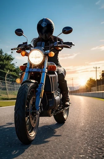 there are many people riding motorcycles on a track at sunset, racers, game illustration, game cg, detailed game art illustration, cycles 3 d render, background artwork, high speed action, motorcycle concept art, daniel maidman octane rendering, cycles4d render, motorbikers race in hell, race track background, octane cgsociety, game art