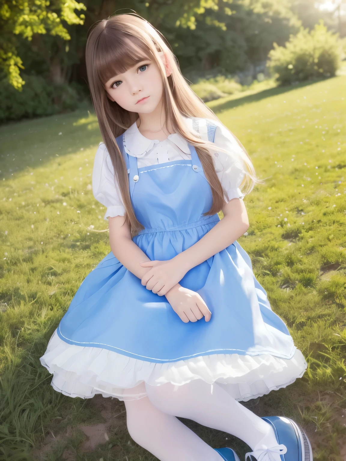 ultra high resolution, highest quality, Improvement of quality, super detailed, accurate color, , one person, ((The world of Alice in Wonderland, Stroll around the castle)), (Alice's Costume:1.3, long sleeve:1.2), (cute hair accessories), cute face, detailed face, (small breasts:1.5), perfect style, white skin, long straight hair, (two side up hairstyle:1.5)、(light brown hair:1.5), (The wind blows my skirt and silky hair against gravity.:1.5), (nffsw++:1.10), (RAW photo), (beautiful lighting of nature), (Panty shot:1.5)、(looking at the camera:1.3)、(correct anatomy:1.3)、(correct hand shape:1.3)、(Correctly shaped fingertips:1.5)、(Moisturizing lips:1.2)、(Exuberant:1.5)