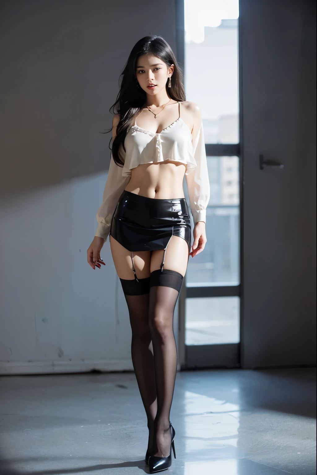 (masterpiece:1.3), (8 thousand, realistic, RAW photos, best quality: 1.4), (1 woman),(sheer silk blouse), (short skirt), (짙은색 realistic 팬티 스타킹),   (wearing stockings), (wearing stockings), (High Heels),  (High Heels),  (very sexy),   (full body shot),  (Beautiful makeover), (유난히 아름다운 realistic 얼굴), (Build a beautiful body) , (beautiful face), (beautiful face),  (long eyelashes),  (double eyelid), (big bust)  ,  (Strong body through exercise),  (beautiful abs),   (Beautiful heaps),  (tall),  (such a beautiful body),  (realistic face), (black hair. parted, long hair:1.3), (아름다운 parted스타일), (realistic eyes), (really beautiful and delicate eyes), (realistic skin), (beautiful skin), (nudity),    (absurd), (attractive), (ultra high resolution), (extremely realistic), (very detailed), (golden ratio), (realistic 긴 다리),  (realistic 팔),  (necklace),  (earring),(beautiful nails manicure), (So beautiful and sexy)