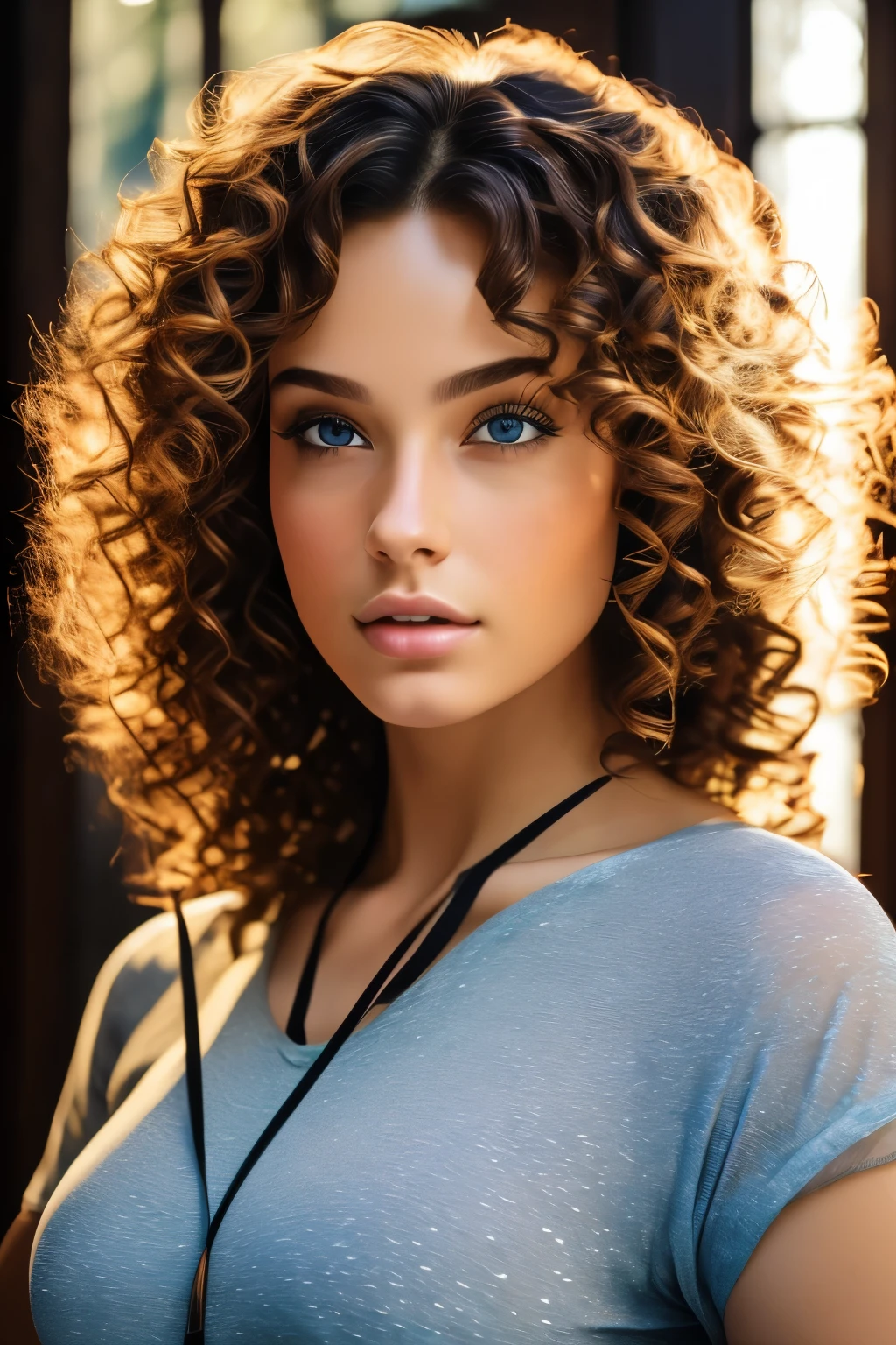 8 k, Best quality, masterpiece, ultra high resolution, (realism: 1.4), original photo, (Ultra realistic skin texture: 1.3), (granularity: 1.3), (Selfie angle), 1 girl, Light-colored clothes, blue eyes and beautiful facial details, curly hair, masterpiece, Best quality, medium shot, Quality upper body pull-ups
