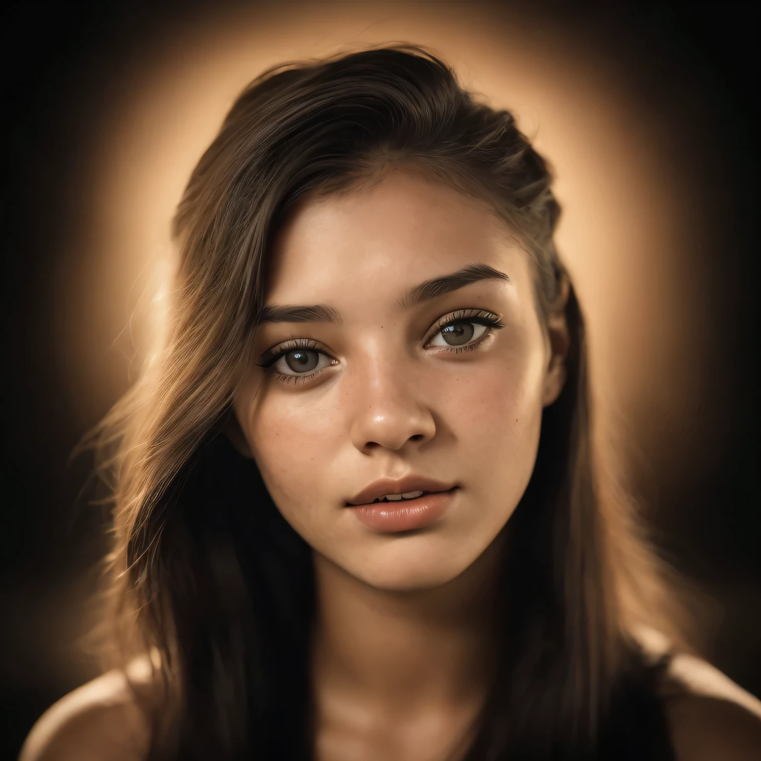 (close, Editorial photo of a 21 year old woman), (highly detailed face:1.4) (smile:0.5) (background in the dark, thinking, ) throw, Written by Lee Jeffries, Nikon D850, film stock photography ,4 Kodak Portra 400 ,camera f1.6 lenses ,rich colors ,surreal ,realistic texture, dramatic lighting , Cinestill 800,
