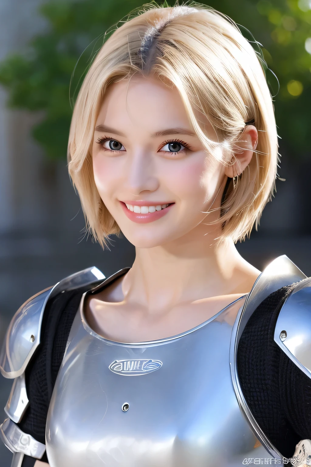 8K、highest quality、female knight、The background is a castle、Luxurious Silver Armor、heavy equipment、hairstyle short cut、smile、beautiful teeth、full body photo、ear piercing、white woman、blonde、blue eyes