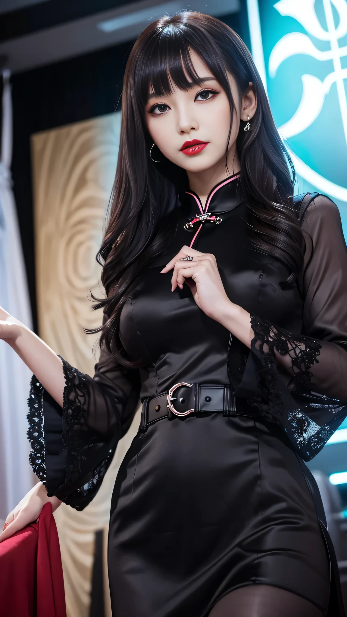 tra-detailed、2girls、Japanese、attractive beauty、seductive adult woman、pretty woman、piercing eyes、cool girl、wavy hair、swept bangs、Long Black Cheongsam、wide sleeves、Evil cadres、evil depravity、brainwash、mind control、lipstick、lip gloss、dark makeup、smirk、whisper in your ear、Evil expression、evil、hollow eyes,half-closed eyes、empty eyes、evil、church at night、vampire、succubus、vampire、Swear allegiance、stand