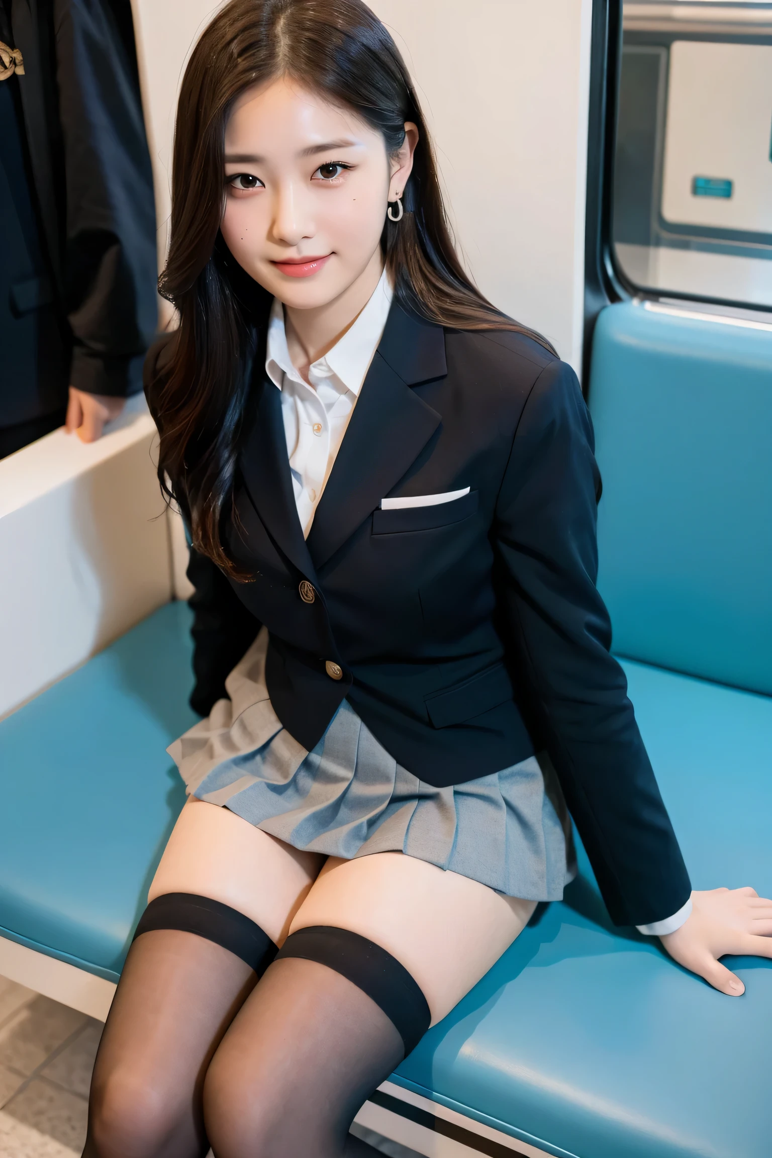 (8K), (highest quality: 1.2), (realistic), (realistic: 1.37), ultra high resolution, 1 girl, cute, smile, closed mouth, beautiful details, beautiful nose, wet hair, giant dulcefo, pork, thighs，Self snap,University Student Uniform,simple blazer,pleated skirt,opaque knee high tights,Sitting on a Tokyo train,(Looking at the smartphone in his hand),cross your legs, From above,thighs,(look away),earrings,