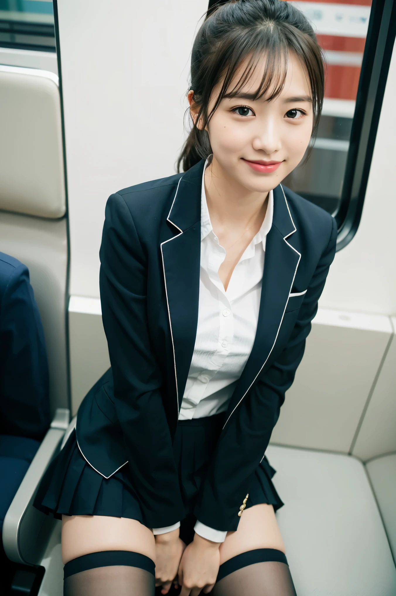 (8K), (highest quality: 1.2), (realistic), (realistic: 1.37), ultra high resolution, 1 girl, cute, smile, closed mouth, beautiful details, beautiful nose, wet hair, giant dulcefo, pork, thighs，Self snap,University Student Uniform,simple blazer,pleated skirt,opaque knee high tights,Sitting on a Tokyo train,cross your legs, From above,thighs,ponytail
