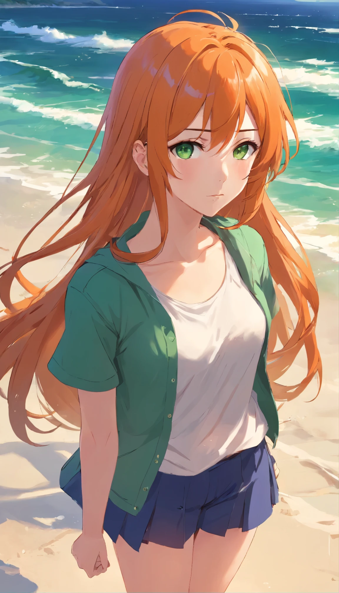 Anime girl with long orange hair, standing on the beach near the ocean, green eyes detailed digital anime art, anime girl with long hair, гладкое аниме cg art, anime girl with long hair, digital anime art, work in Guweiz style, Beautiful anime portrait, Photorealistic render of an anime girl, Beautiful anime girl, advanced digital anime art, guweiz на artstation pixiv HD UHD HQ