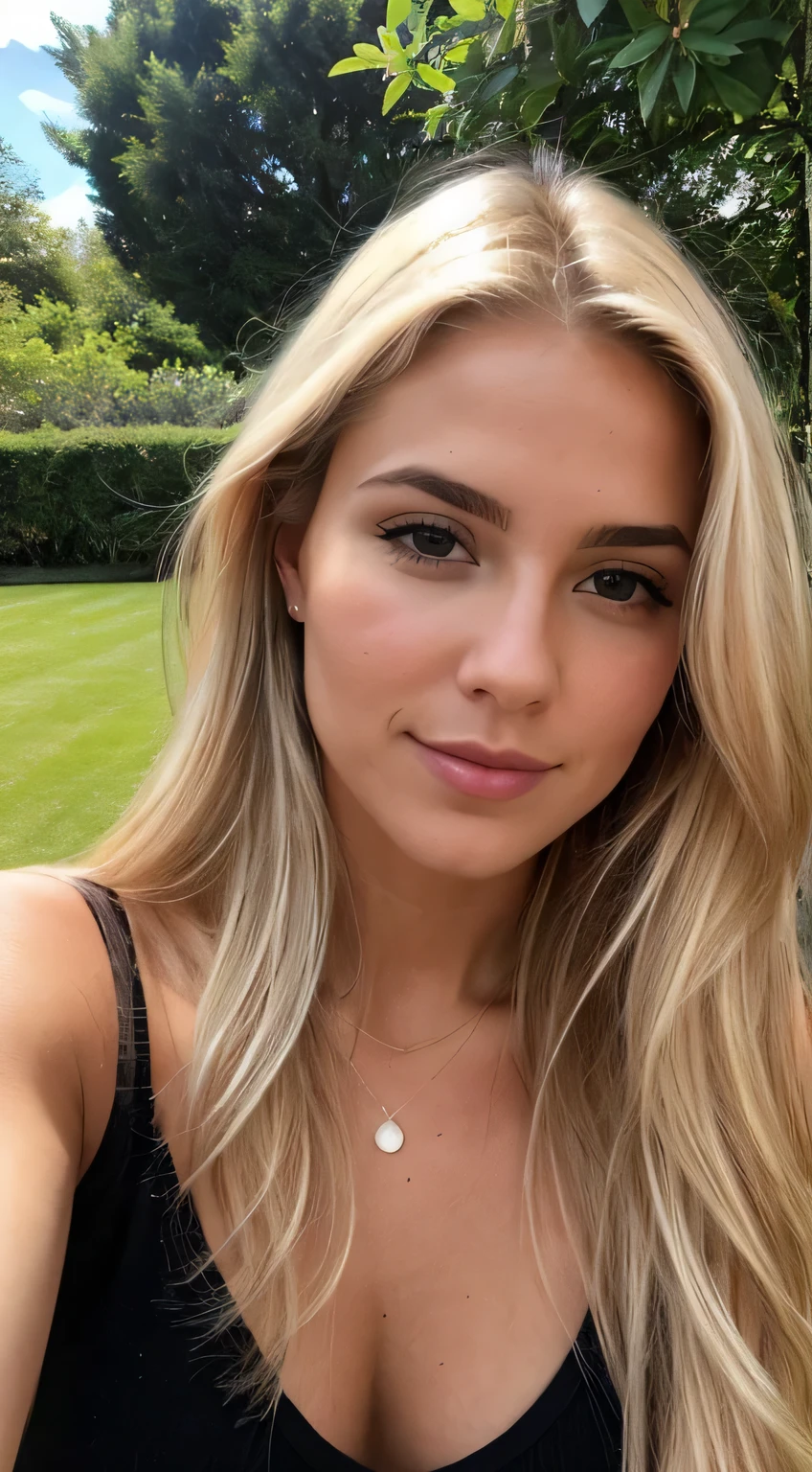 A 23-year-old blonde woman., ((pechos grandes)), ((hiperrealismo)) ,. blonde hair with light brown roots. cabello rubio, Hair with brown roots, cabello extra largo, cabello muy largo, pelo muy largo, Hermoso, Vista frontal, autofoto, foto tomada con iPhone, elegante camisa negra con escote, escotada, autofoto in the garden, alta calidad, autofoto iPhone, escote