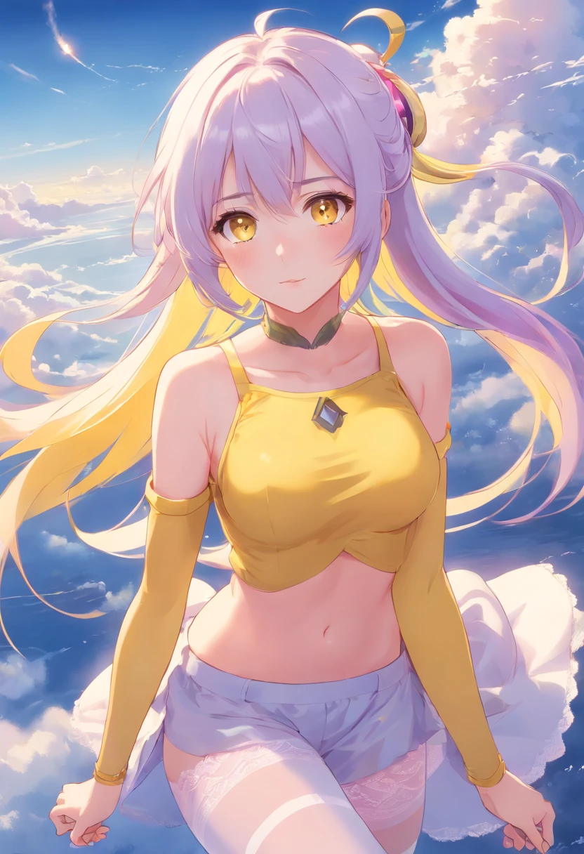 yellow pupil,Lazy look,long white hair and white stockings,pink and purple clothes,bare shoulders,beautiful breasts, expensive,Chinese style,sea of clouds