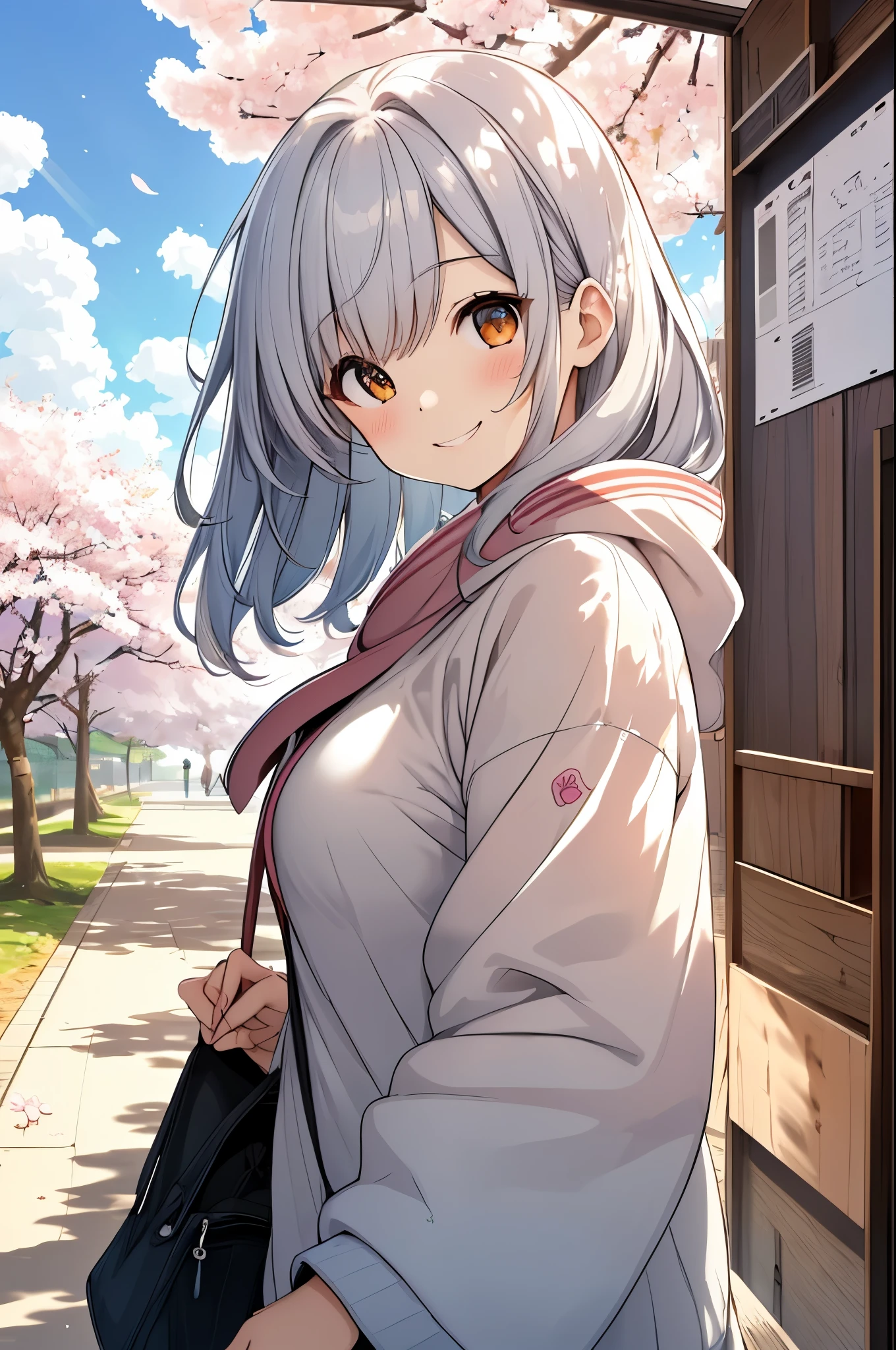 girl, on campus, cherry blossoms, simple canvas style painting style), (Bright and fresh color matching), (shy smile, natural behind the handle), (mid spring, 通りの両側には見事なcherry blossoms並木が) (beautiful blue sky and white clouds, soft and colorful, sunlight), simple background,silver hair