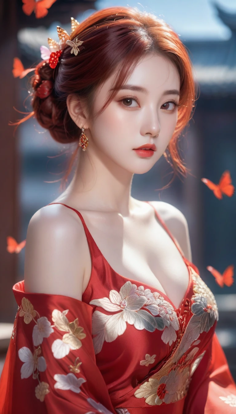 anime girl with red hair and a red dress with a butterfly in her hair, 8k high quality detailed art, 8k)), palace ， a girl in hanfu, by Fan Qi, beautiful digital artwork, a beautiful artwork illustration, by Li Song, 4k highly detailed digital art, chinese style, inspired by Ai Xuan, by Yang J