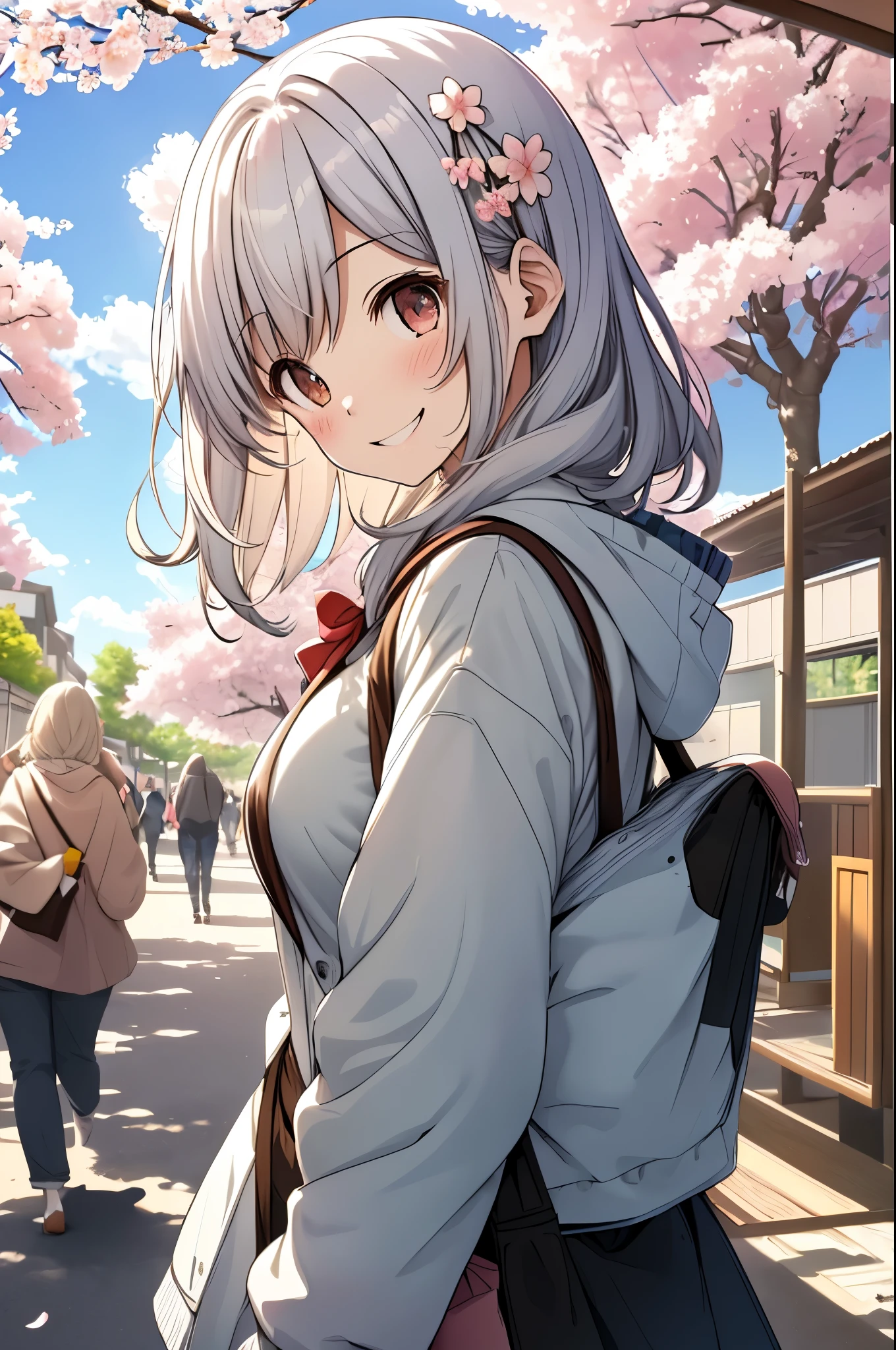 girl, on campus, cherry blossoms, simple canvas style painting style), (Bright and fresh color matching), (shy smile, natural behind the handle), (mid spring, 通りの両側には見事なcherry blossoms並木が) (beautiful blue sky and white clouds, soft and colorful, sunlight), simple background,silver hair